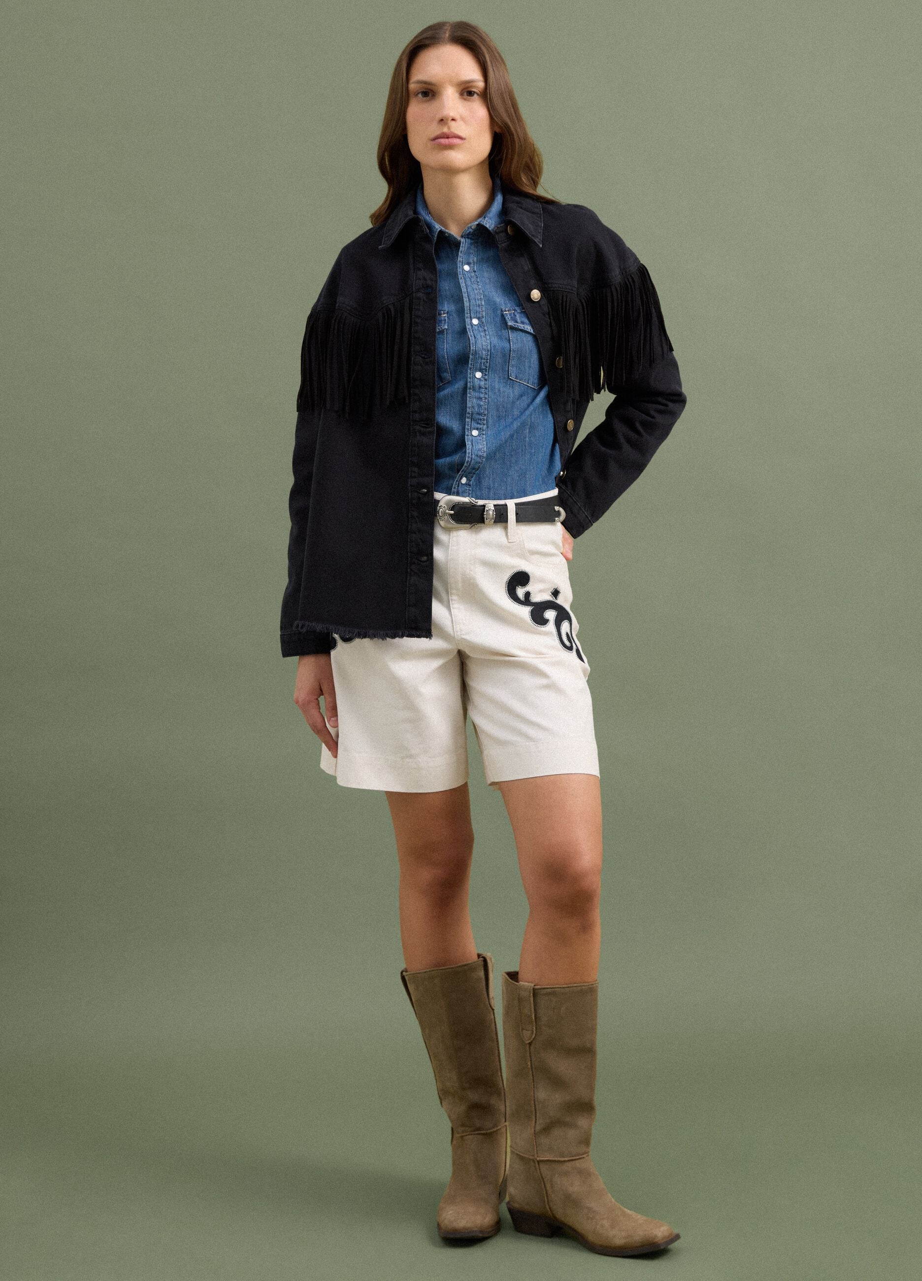 Black pure cotton denim jacket with fringes