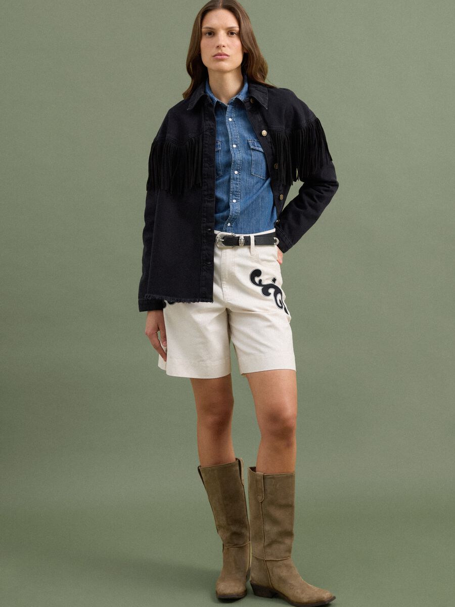 Black pure cotton denim jacket with fringes_1