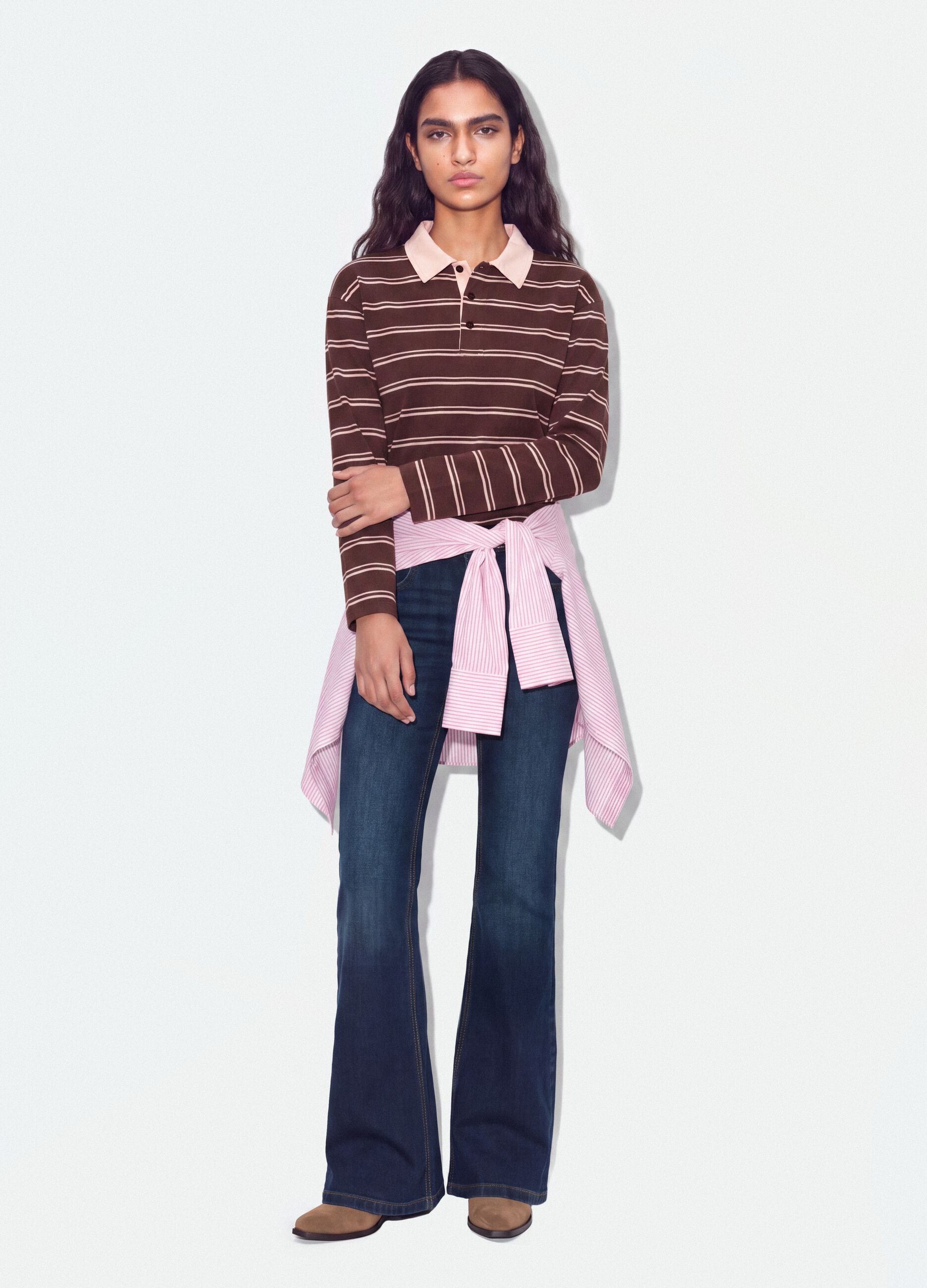 Brown pure cotton striped long-sleeve polo shirt, regular fit