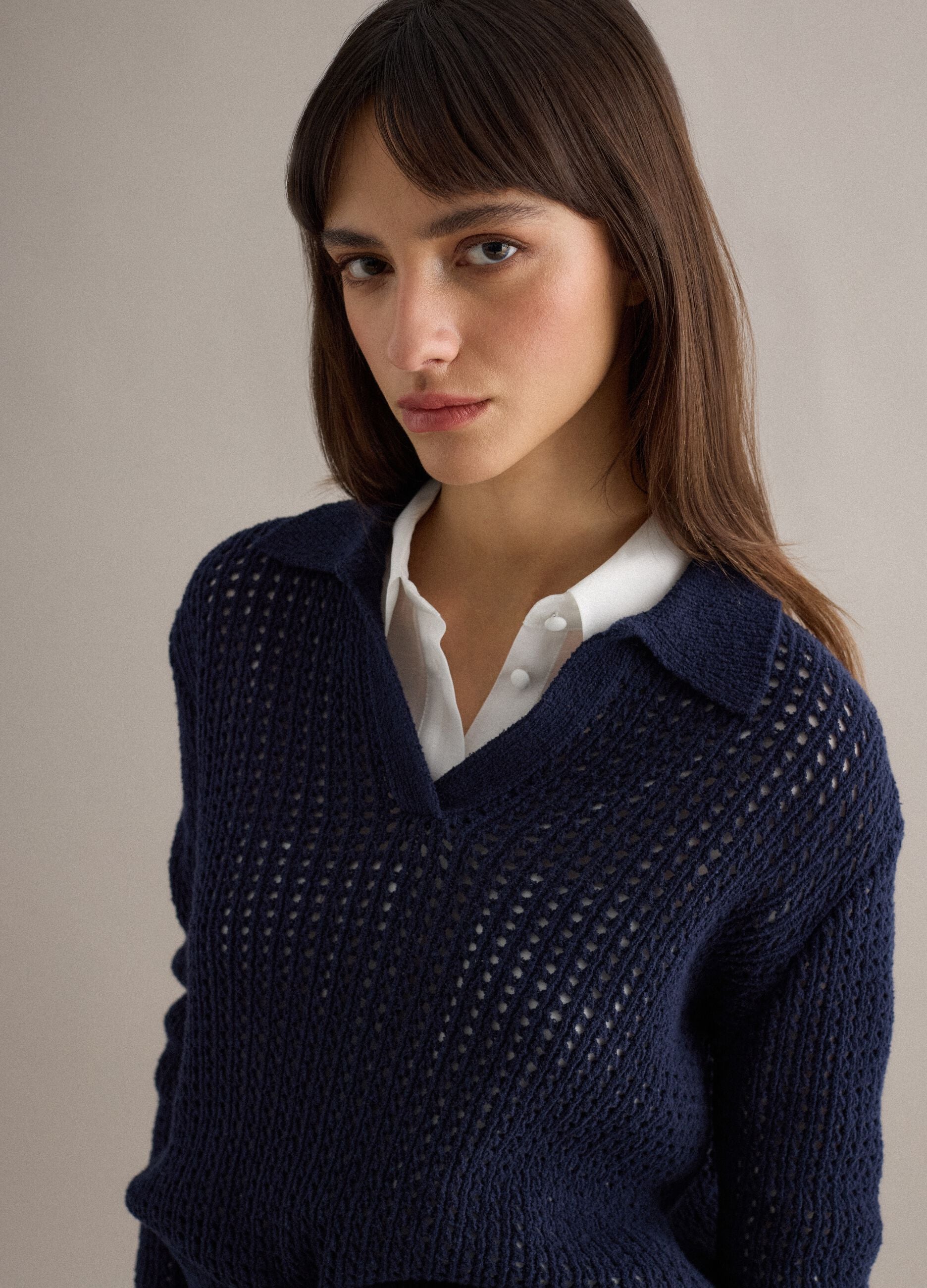 Blue cotton blend regular fit jumper with mesh pattern and polo collar