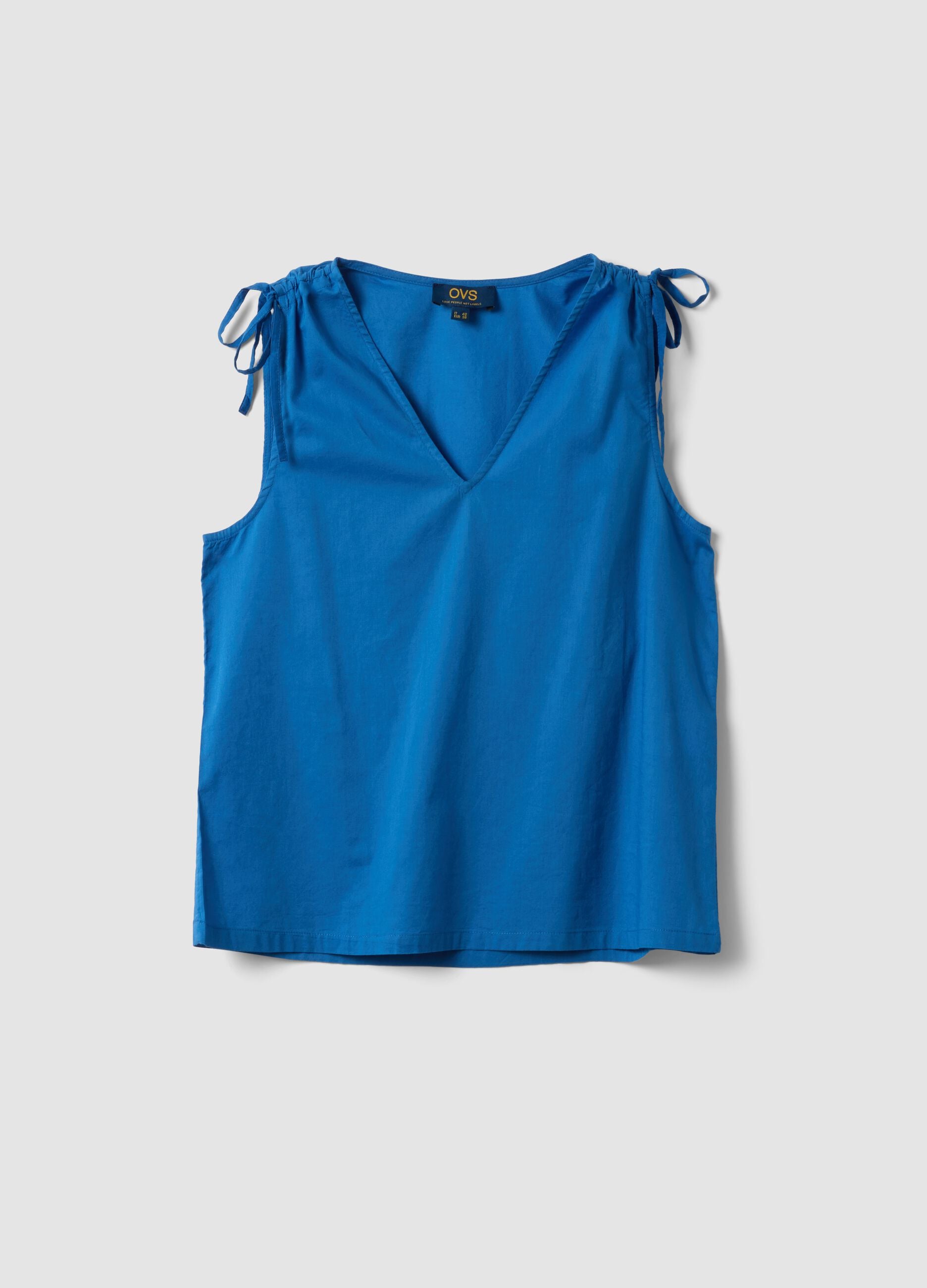 Blue pure cotton V-neck blouse, regular fit