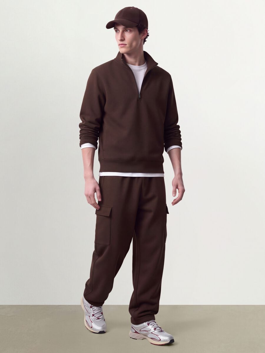 Brown cotton-blend half-zip crew-neck_1