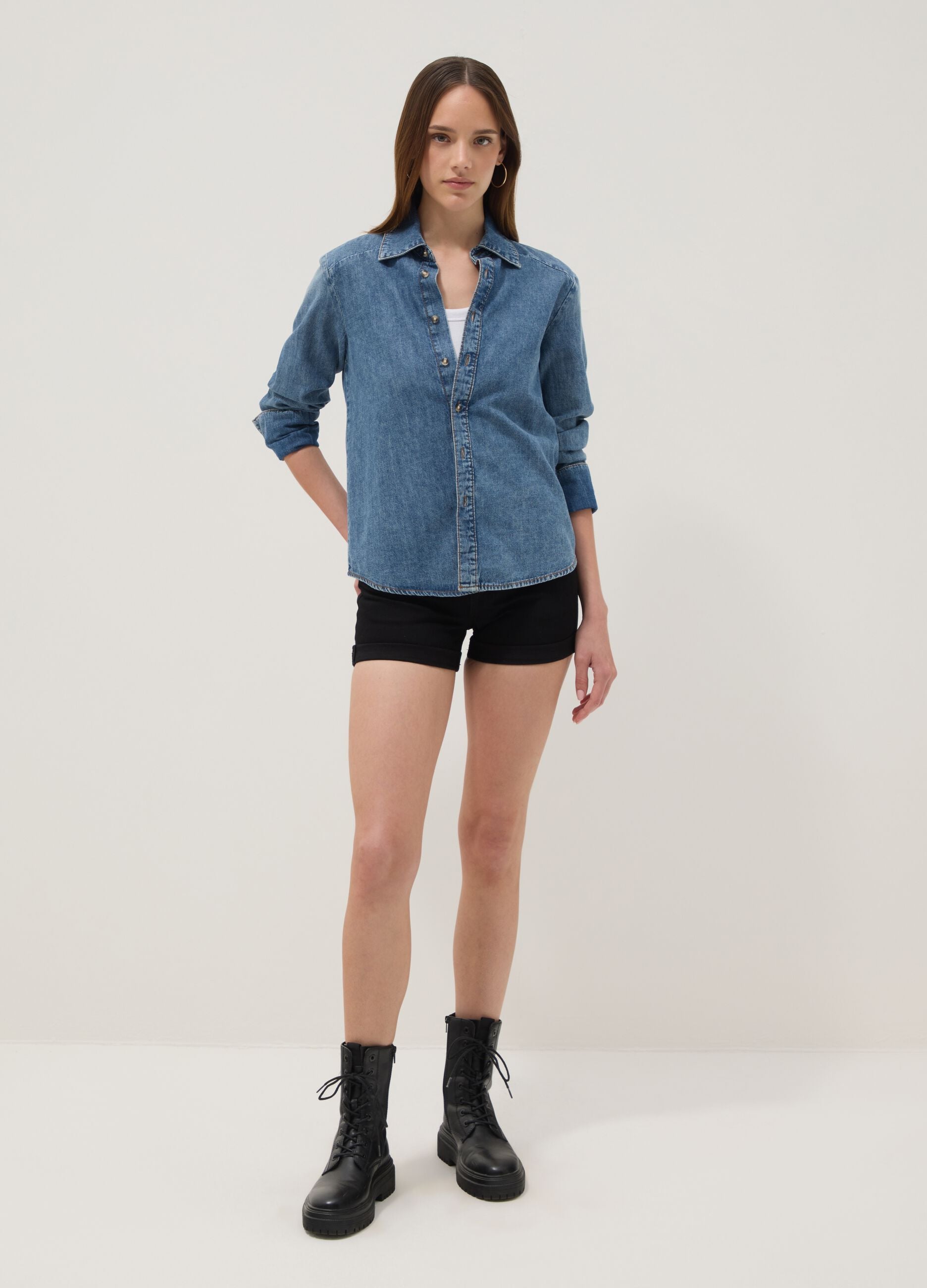 Black stretch cotton denim shorts