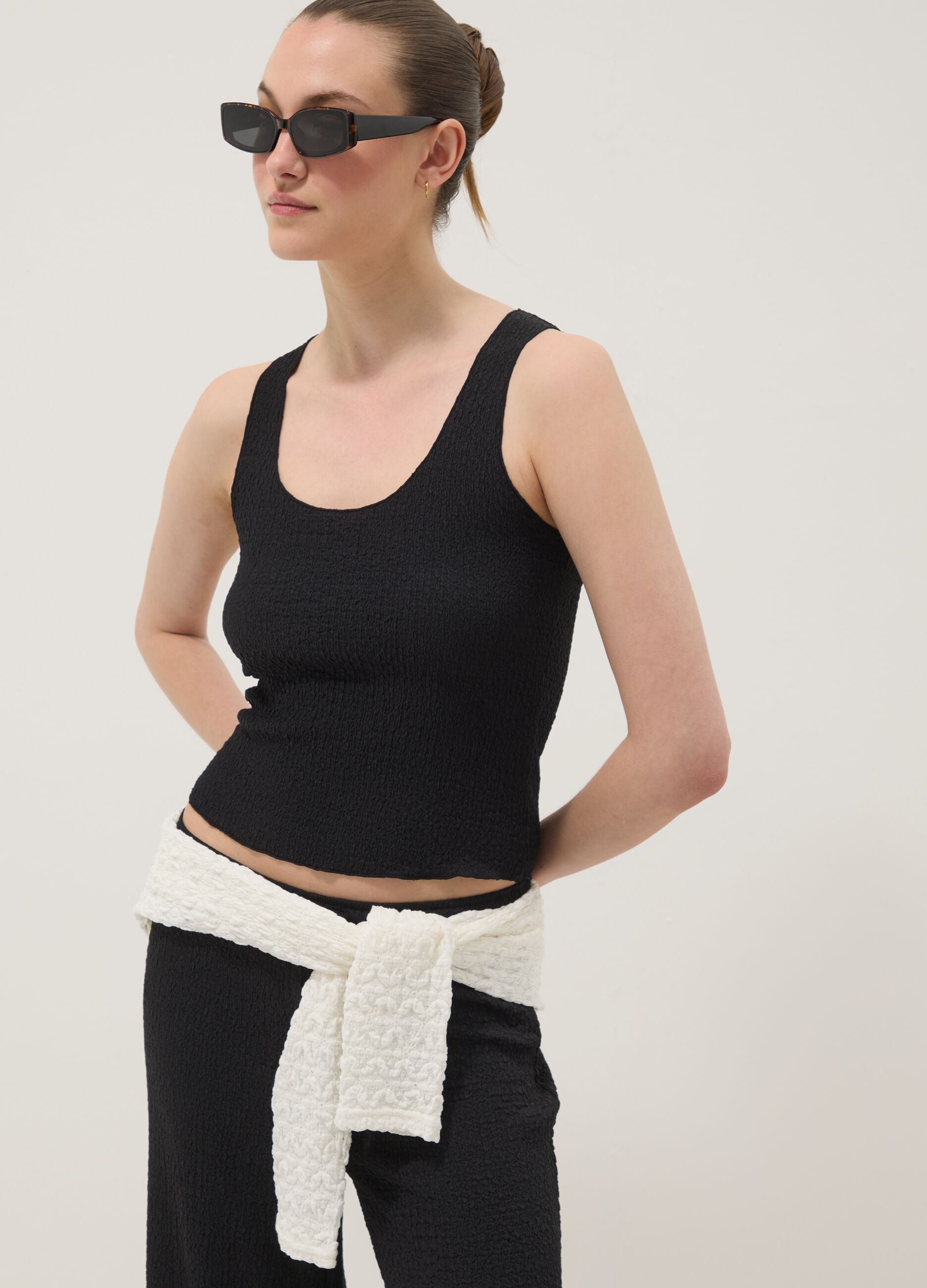 Black stretch tank top with crinkled texture