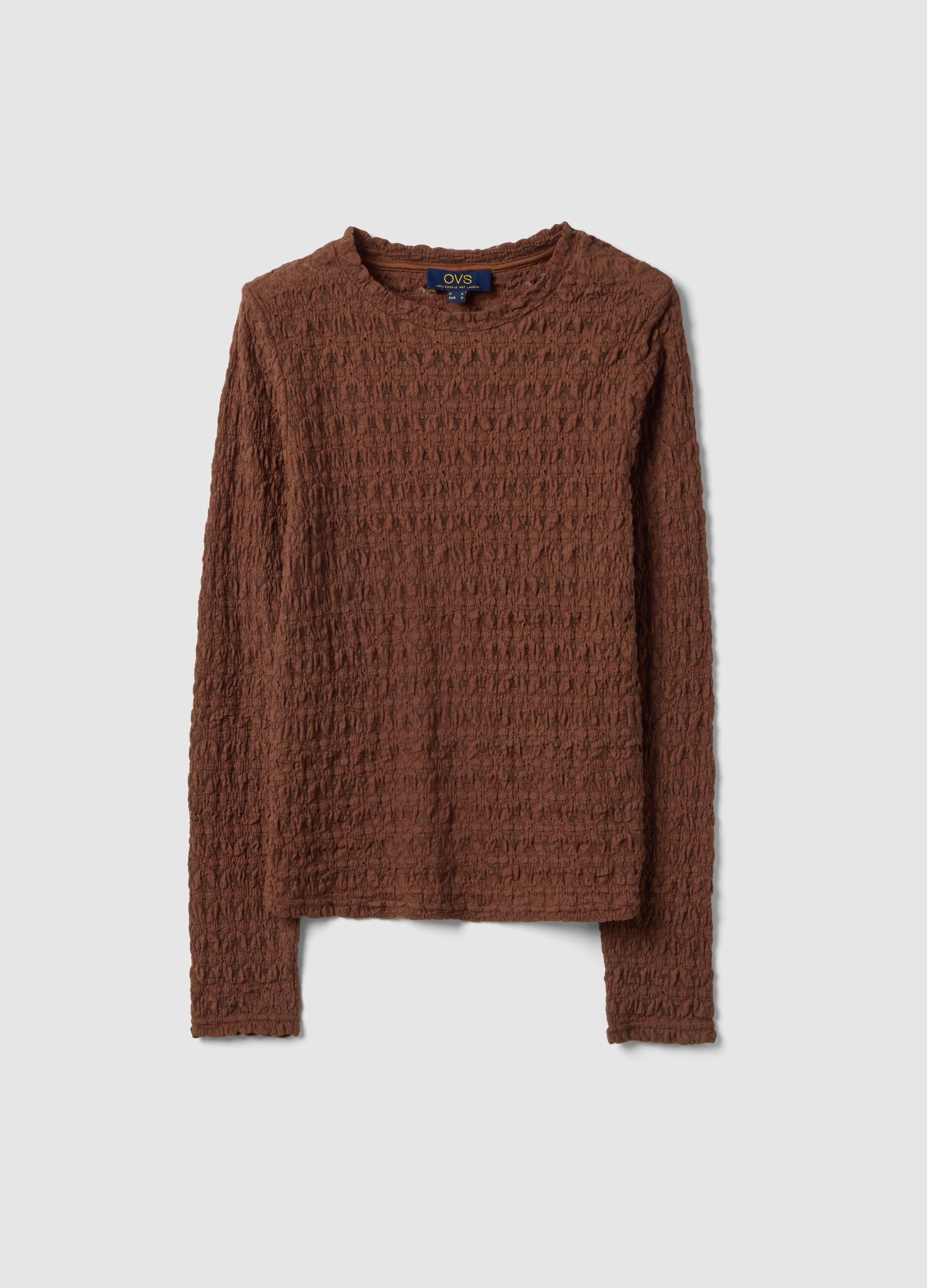 Brown cotton and viscose blend sweater regular fit with knit texture