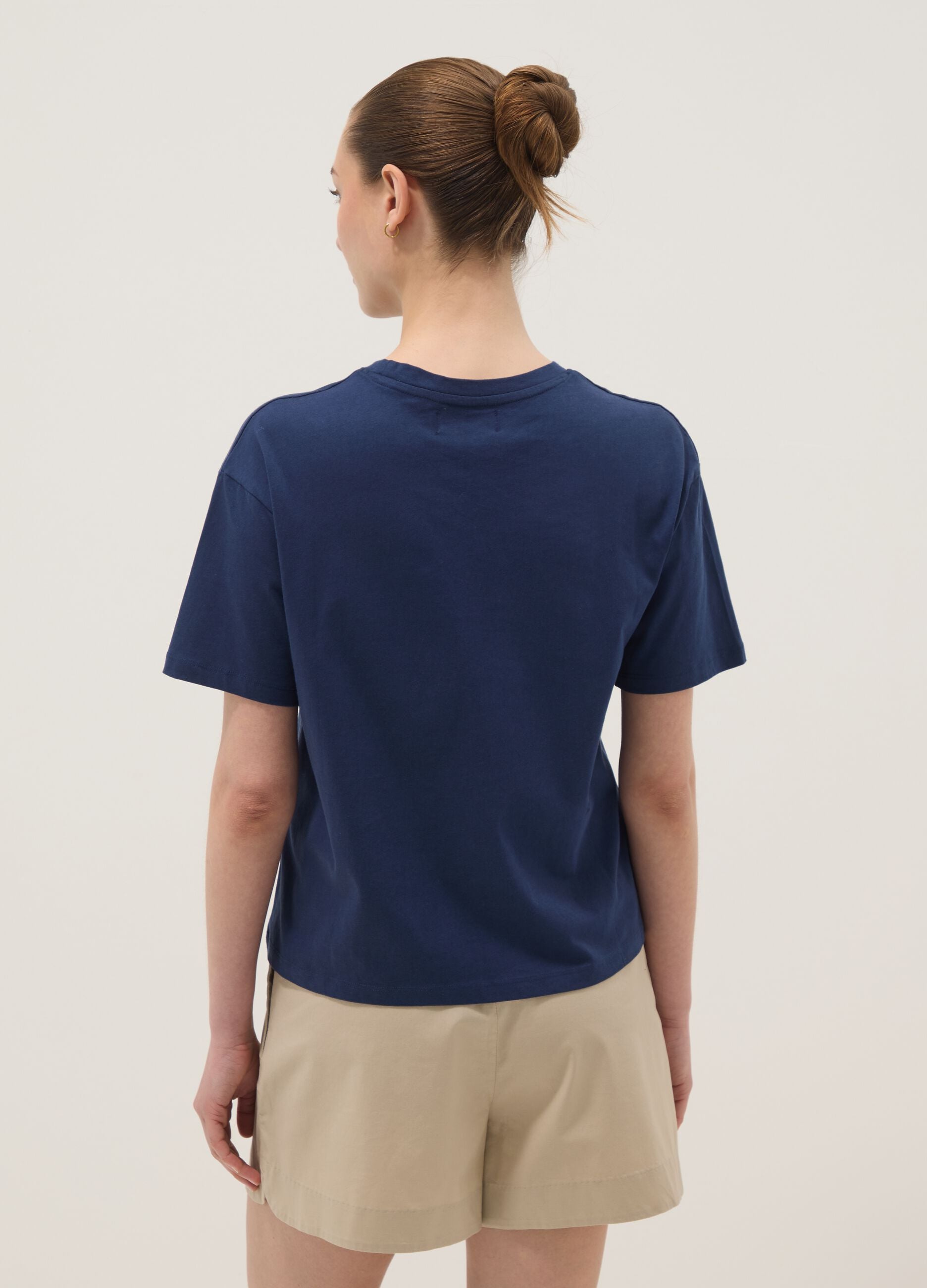 Blue regular-fit pure cotton T-shirt with perforated detail