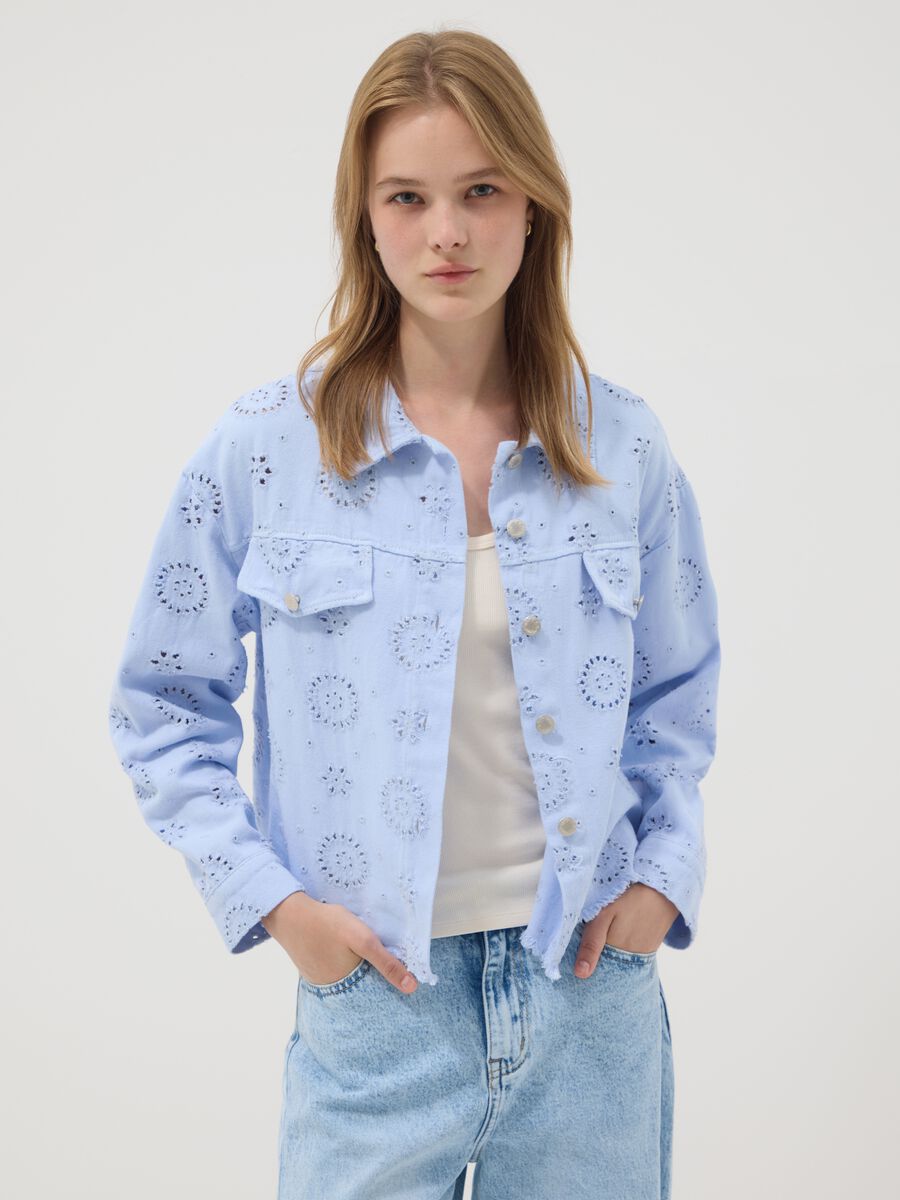 Sky-blue pure cotton broderie anglaise jacket_0