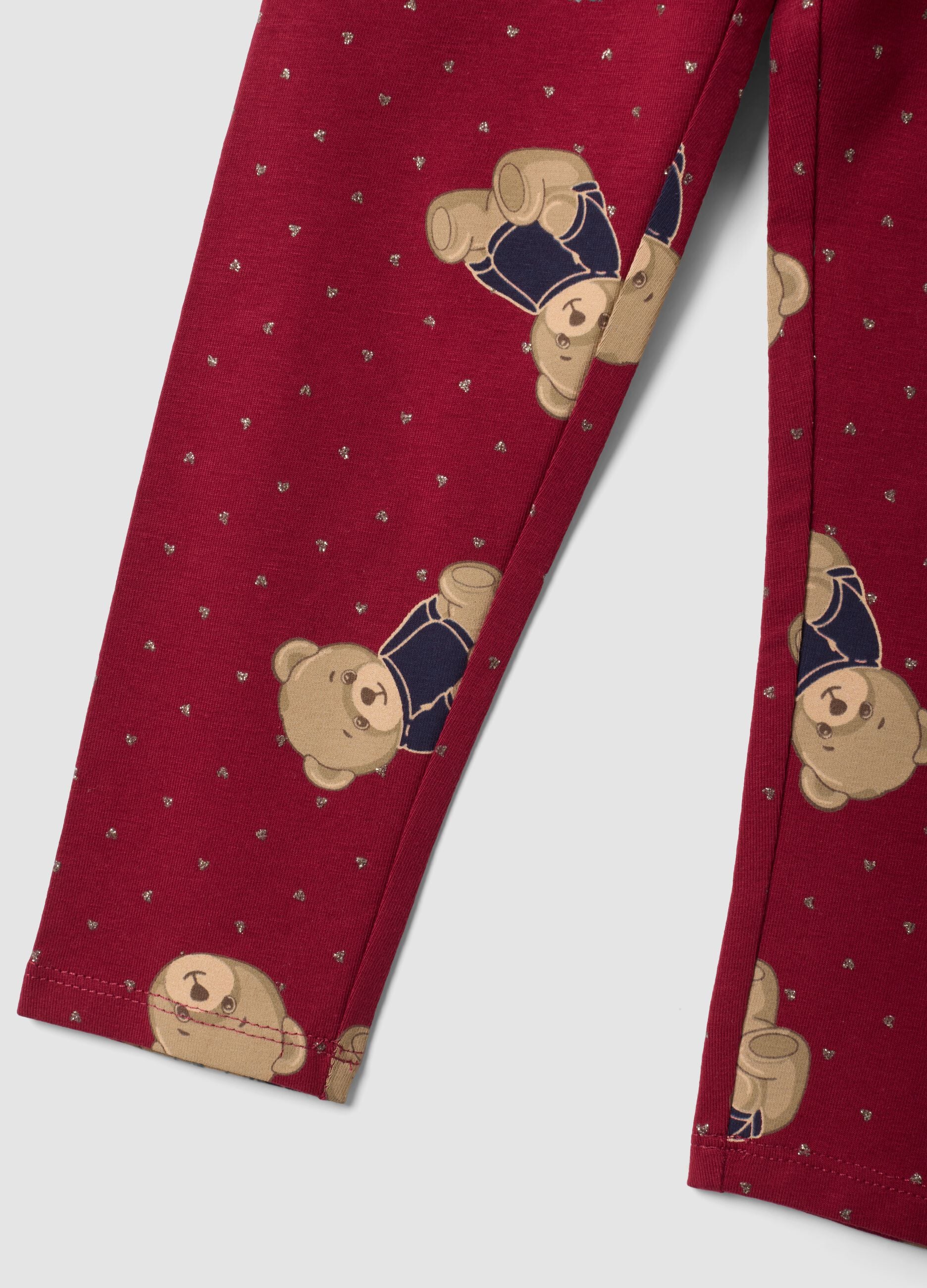 Red organic stretch cotton leggings with teddy bear print for girls