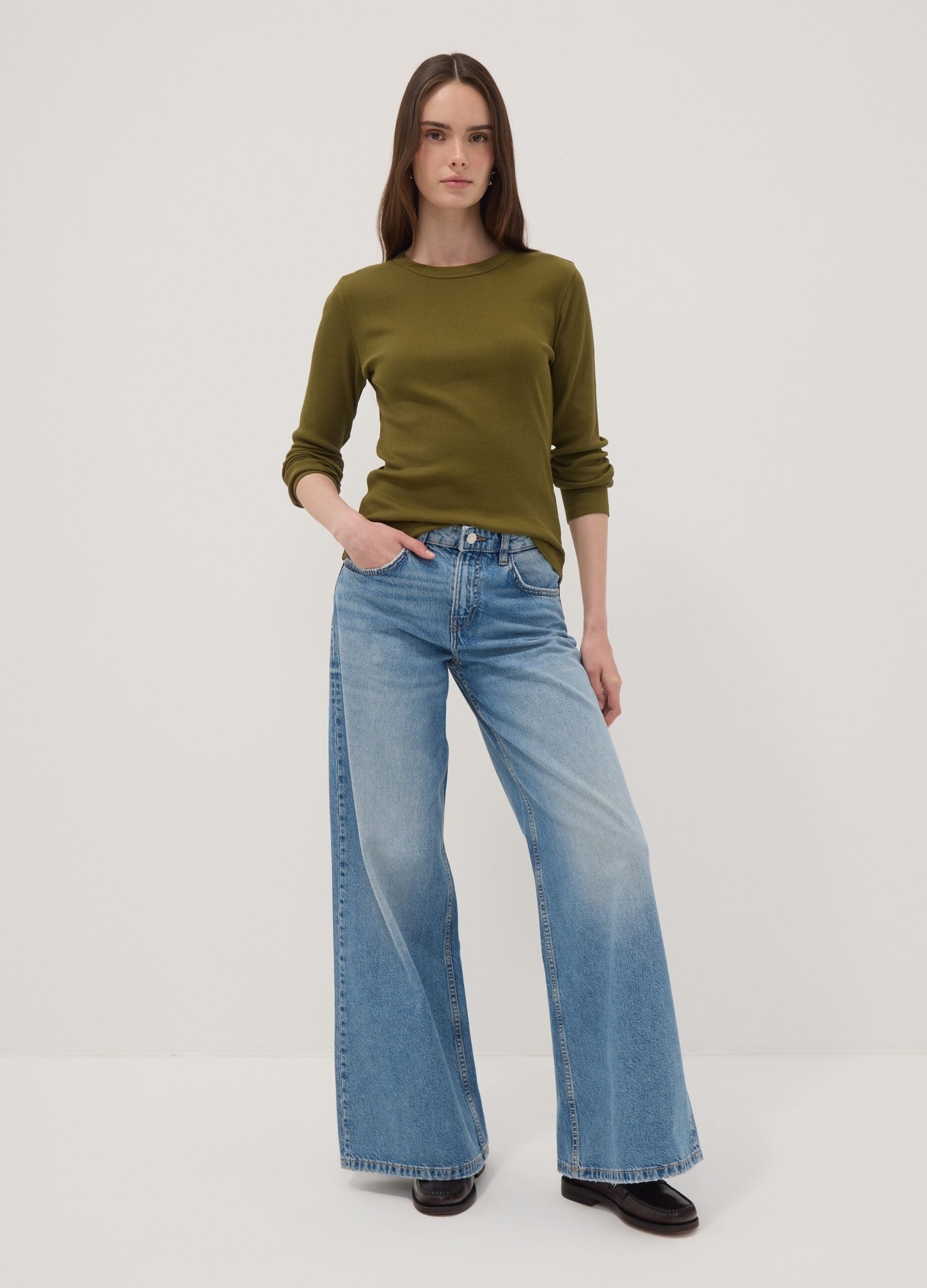 Green long-sleeved pure cotton T-shirt