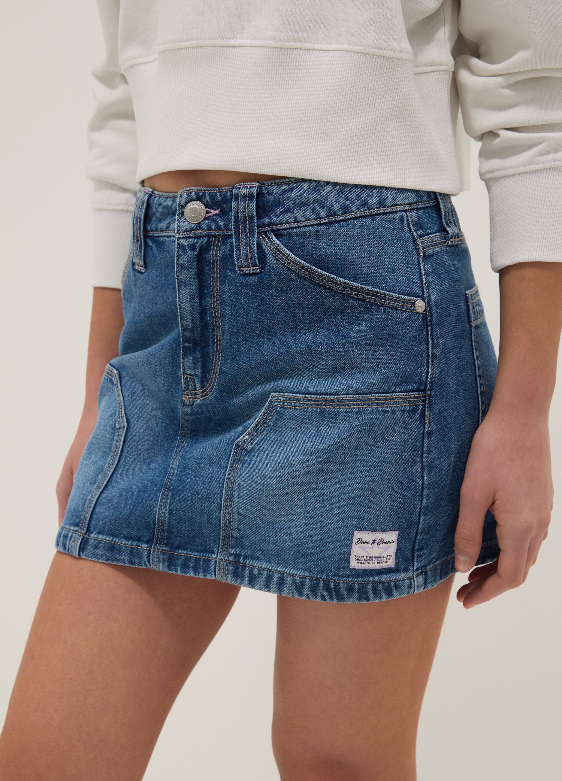Girls' regular fit blue denim pure cotton miniskirt
