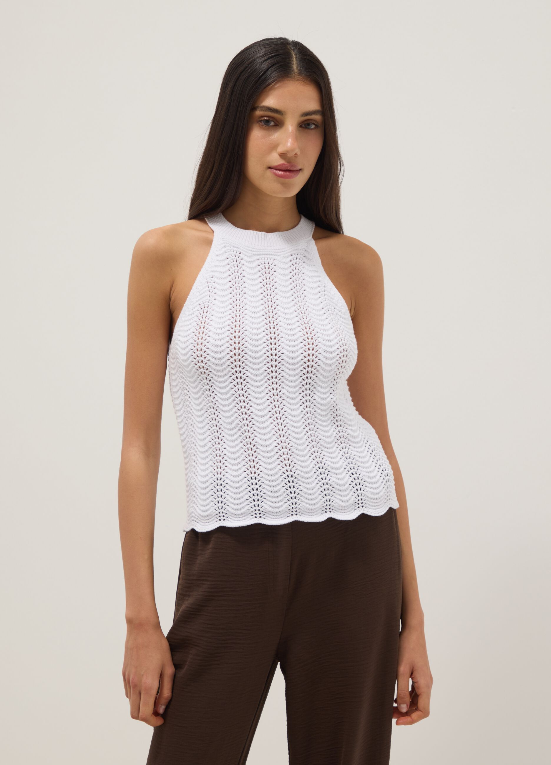 White pure cotton tank top regular fit with mesh texture