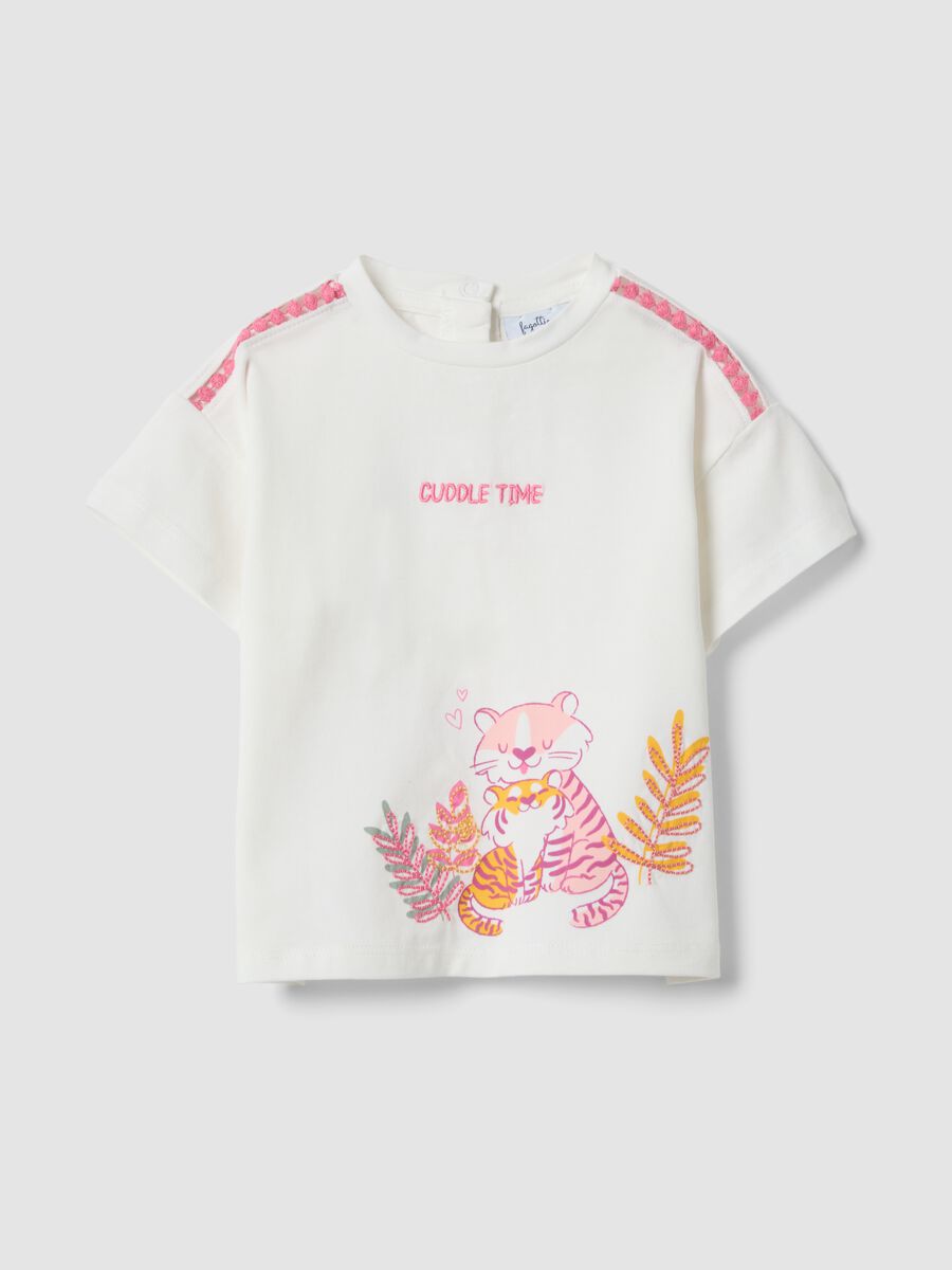 White stretch cotton printed T-shirt for baby girl, regular fit_0