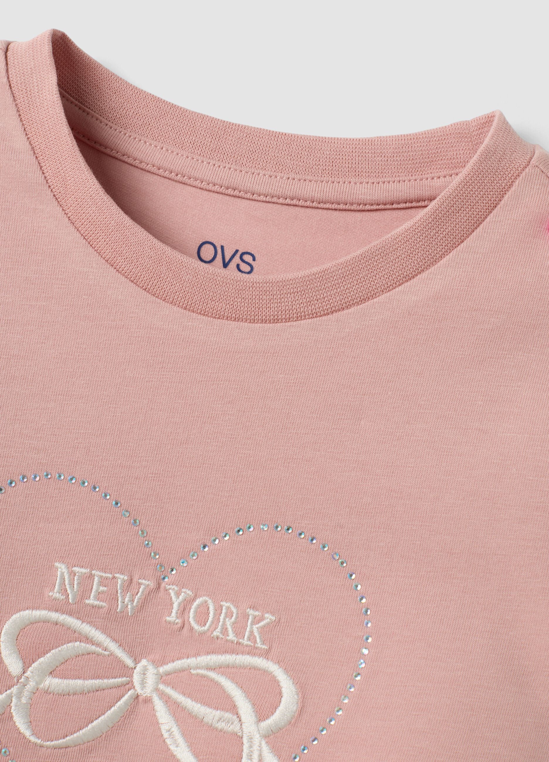 Pink stretch cotton T-shirt with bow embroidery for girls