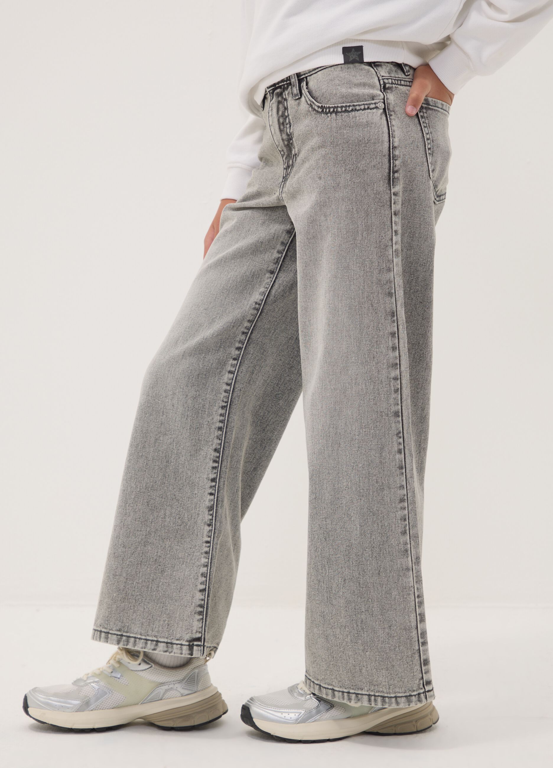 Girls&rsquo; grey wide-leg jeans in pure cotton