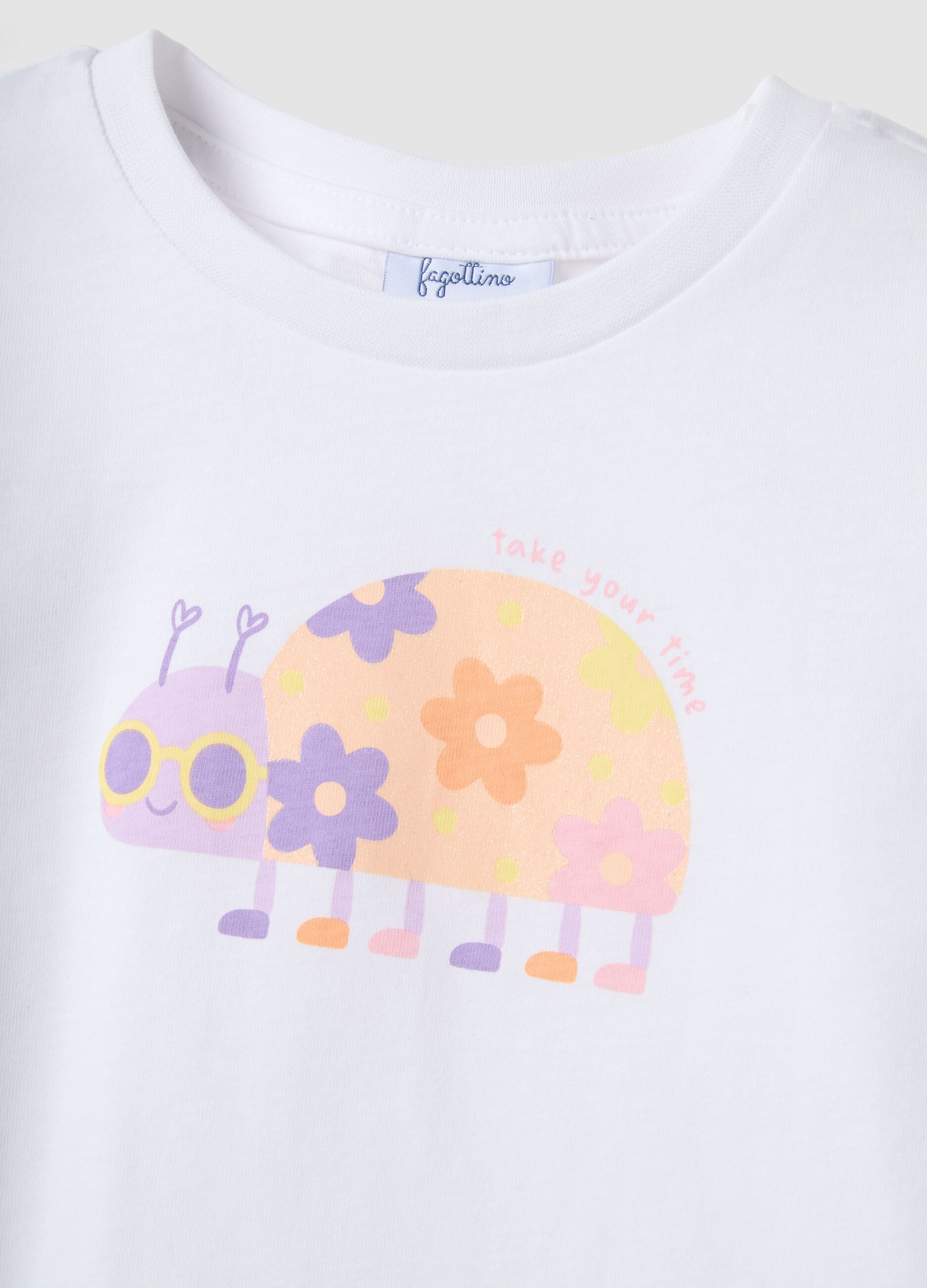 White pure cotton girl's T-shirt regular fit with print