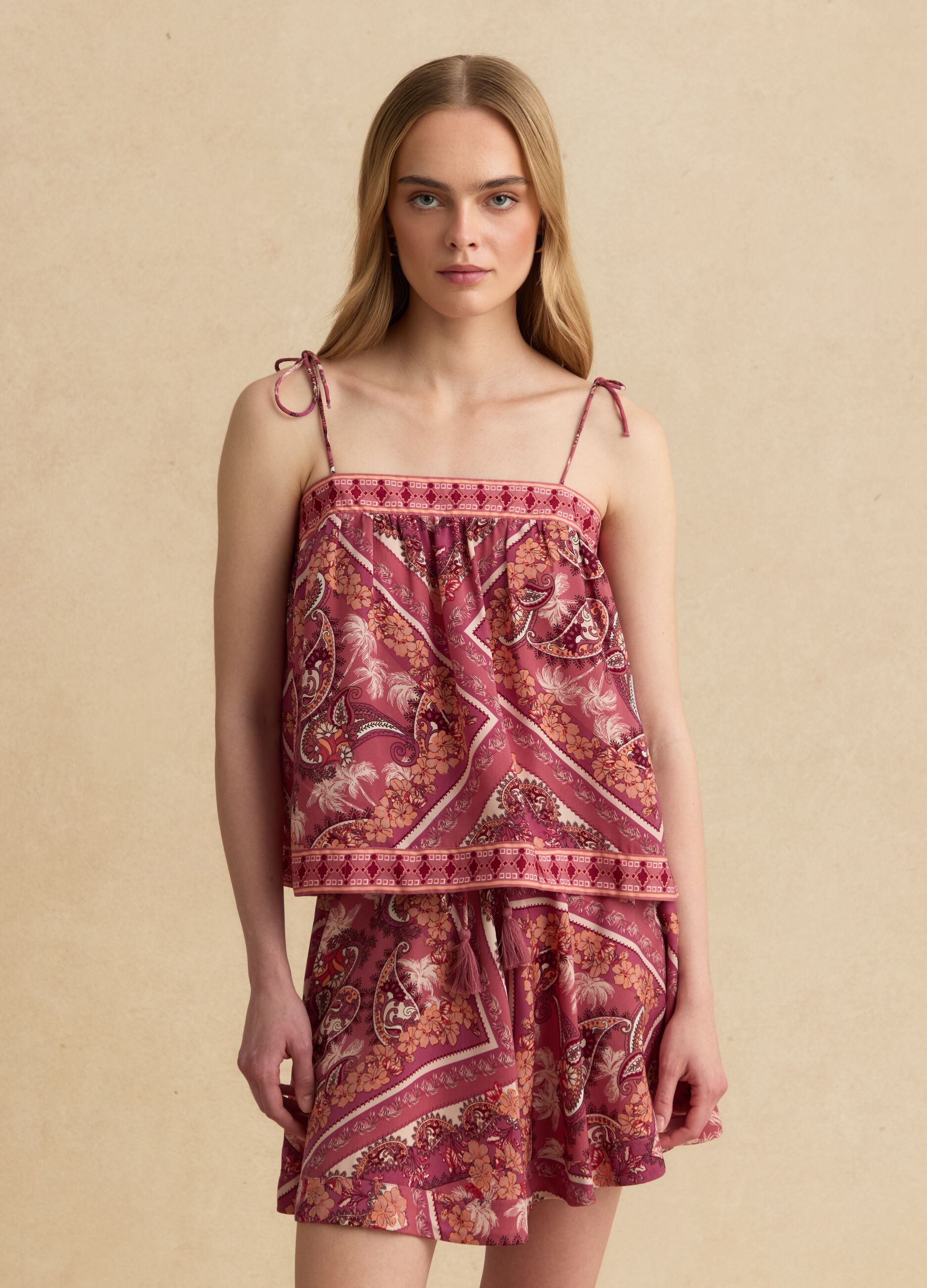 Regular-fit multicolour blouse with thin straps and floral print