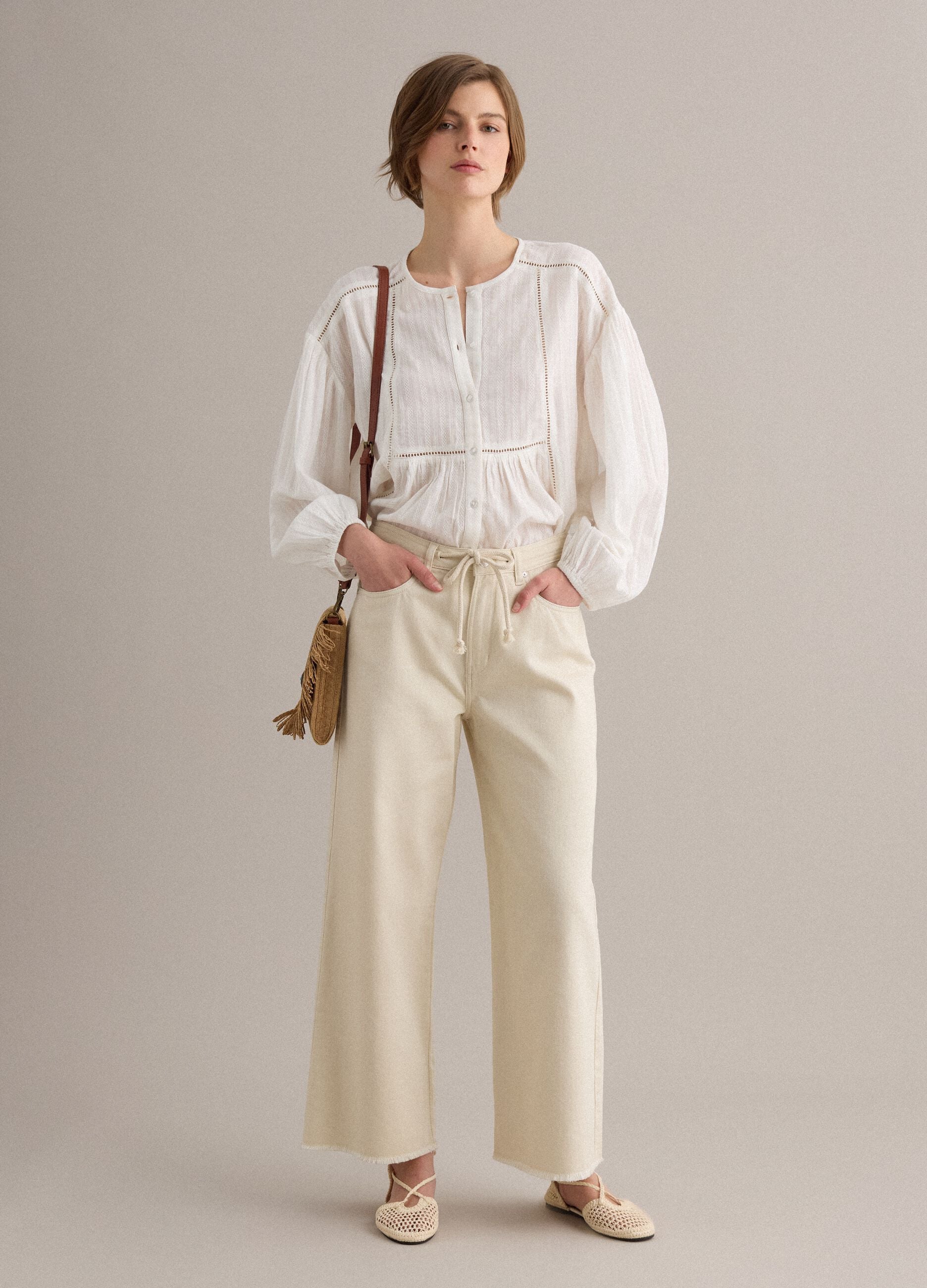 White pure cotton straight-fit trousers with drawstring