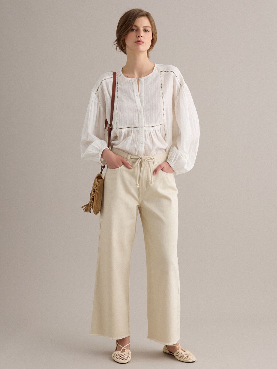 White pure cotton straight-fit trousers with drawstring_0