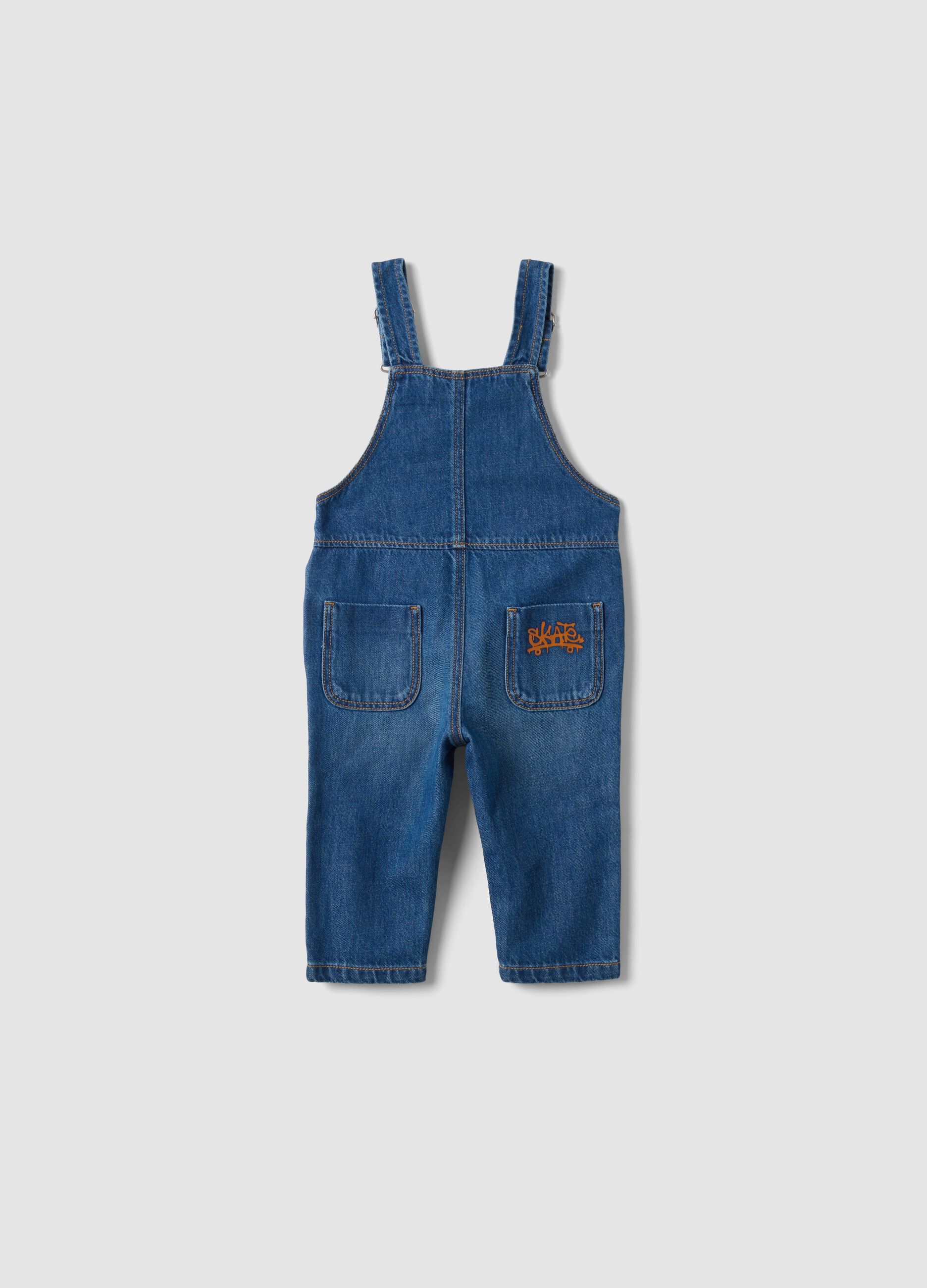 Blue pure cotton denim dungarees with teddy bear motif for baby boy