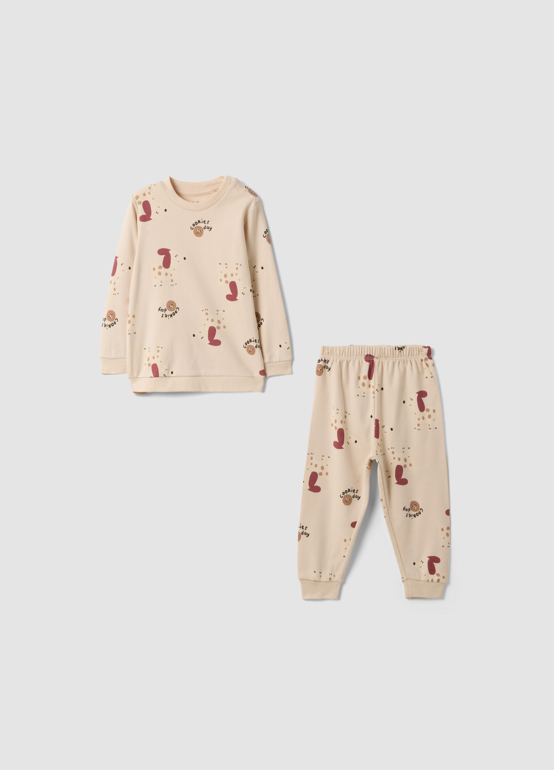 Beige pure organic cotton crew-neck printed baby pyjamas