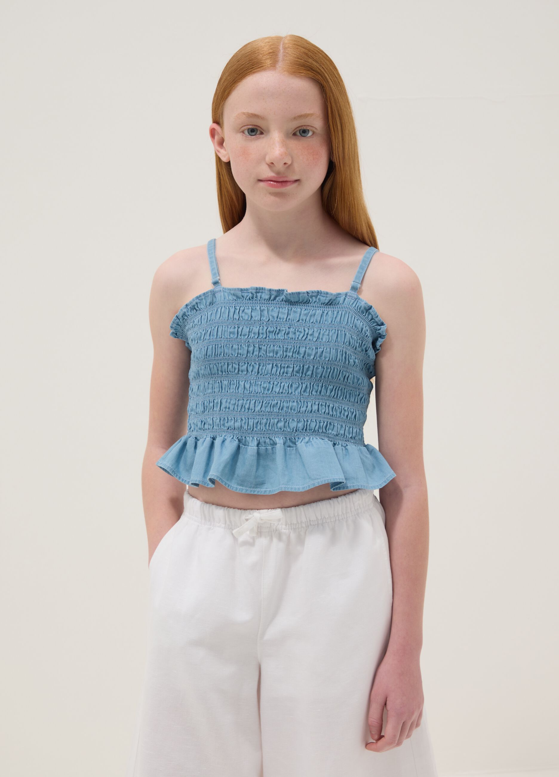 Sky-blue pure cotton top with ruching