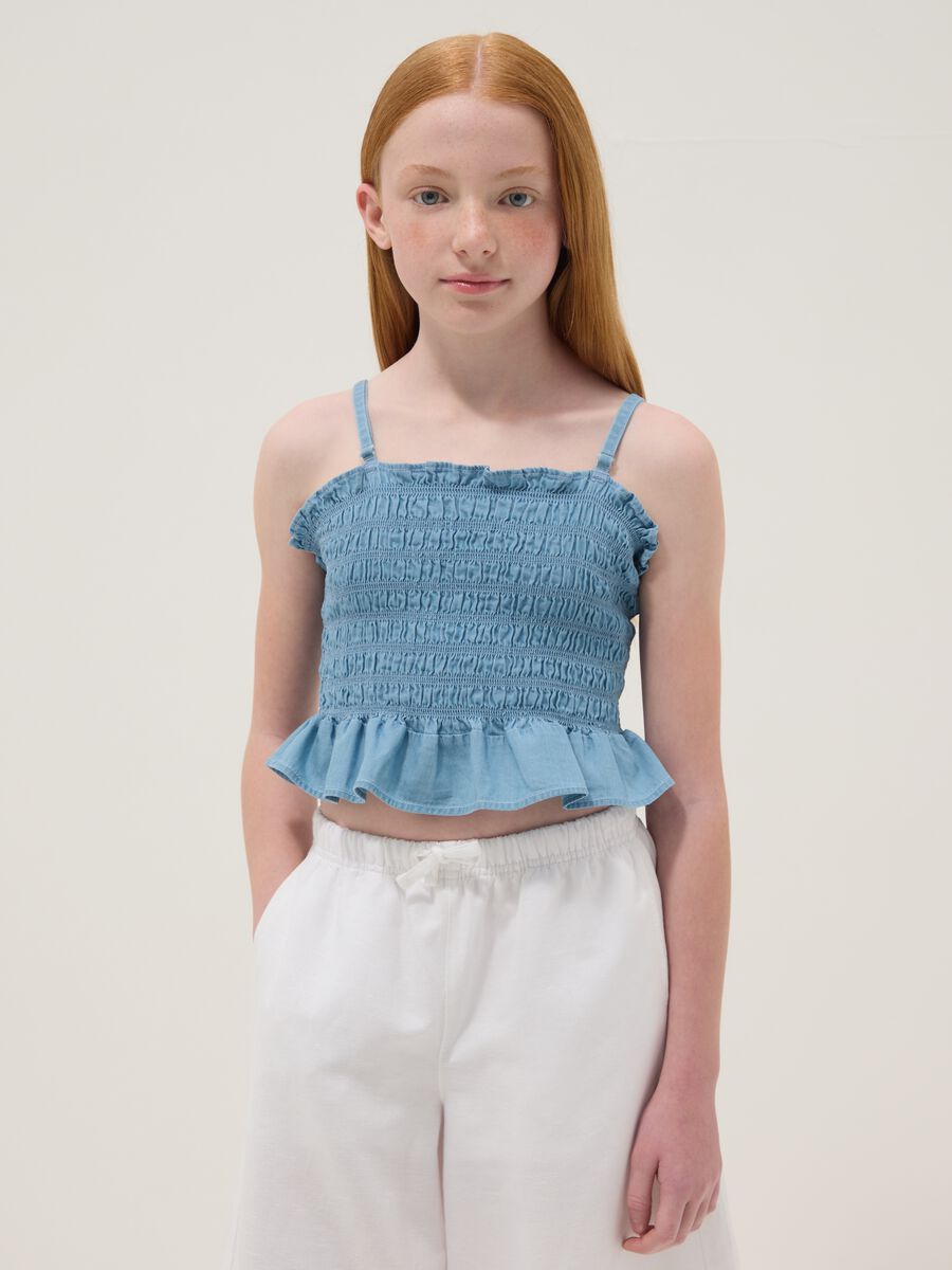Sky-blue pure cotton top with ruching_1