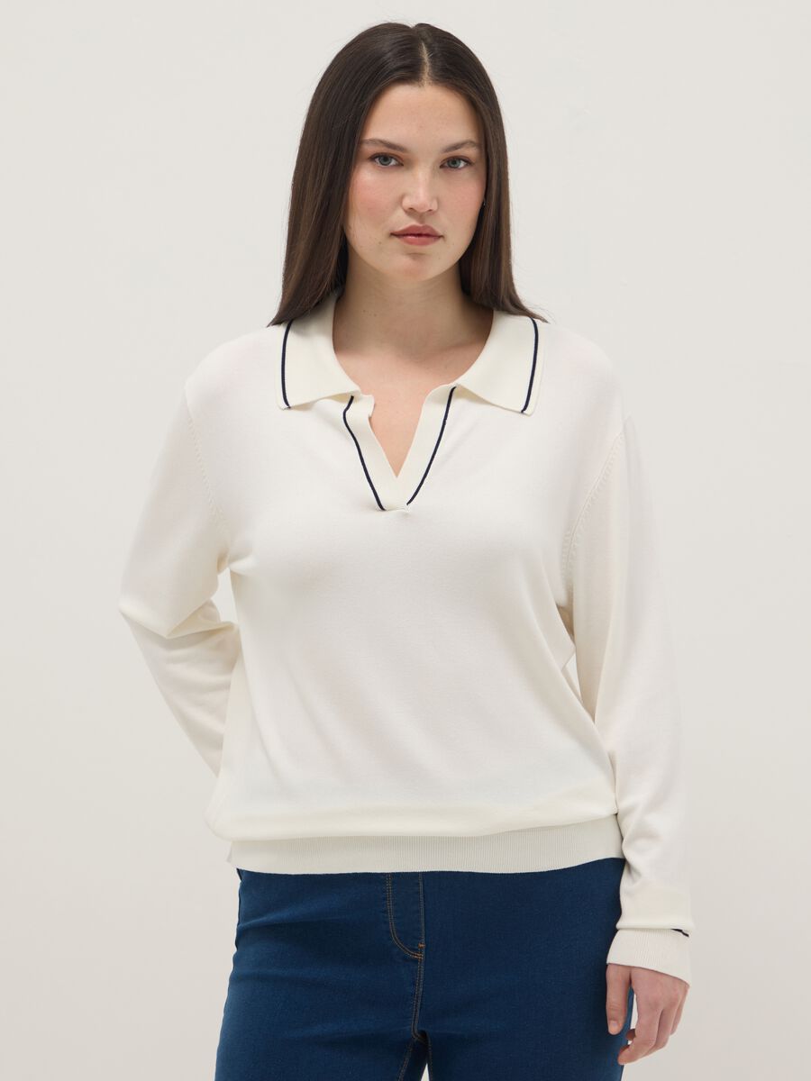White viscose blend sweater with regular fit polo collar_0