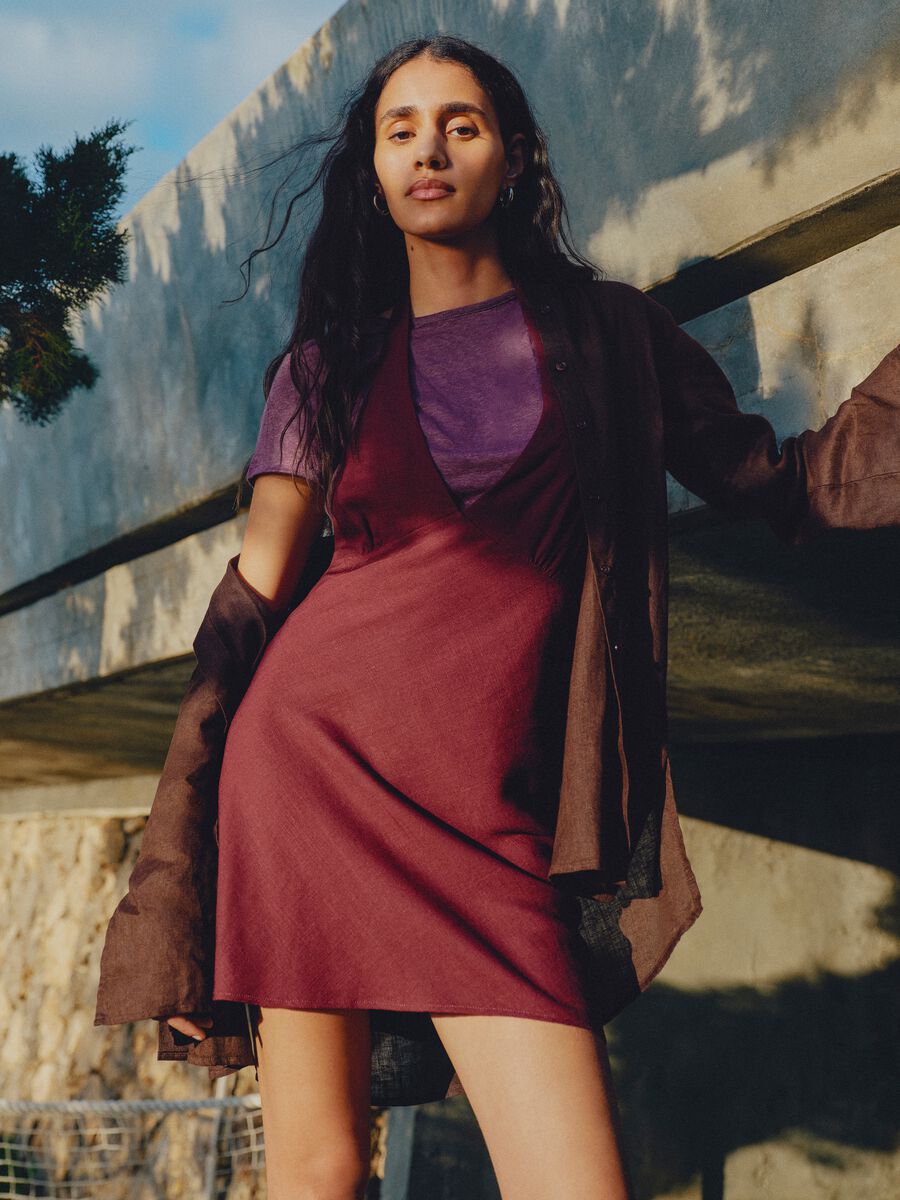 Burgundy viscose-linen blend mini dress, regular fit_0