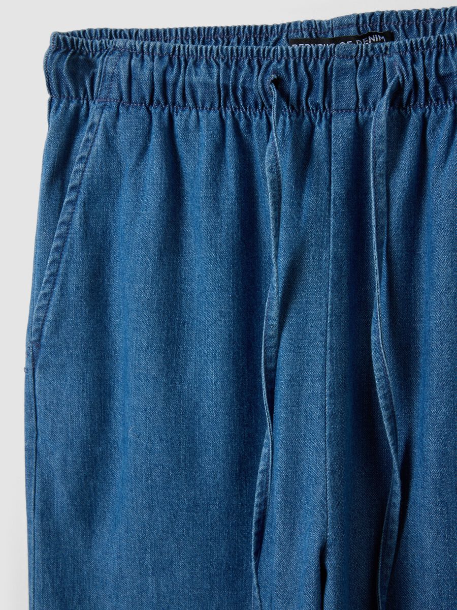 Blue pure cotton wide-leg denim trousers with drawstring_6