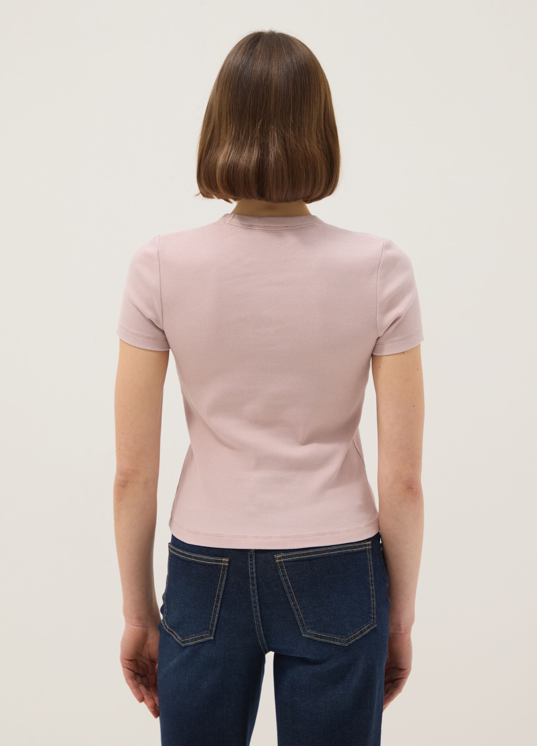 Slim fit pink crew neck cotton stretch T-shirt