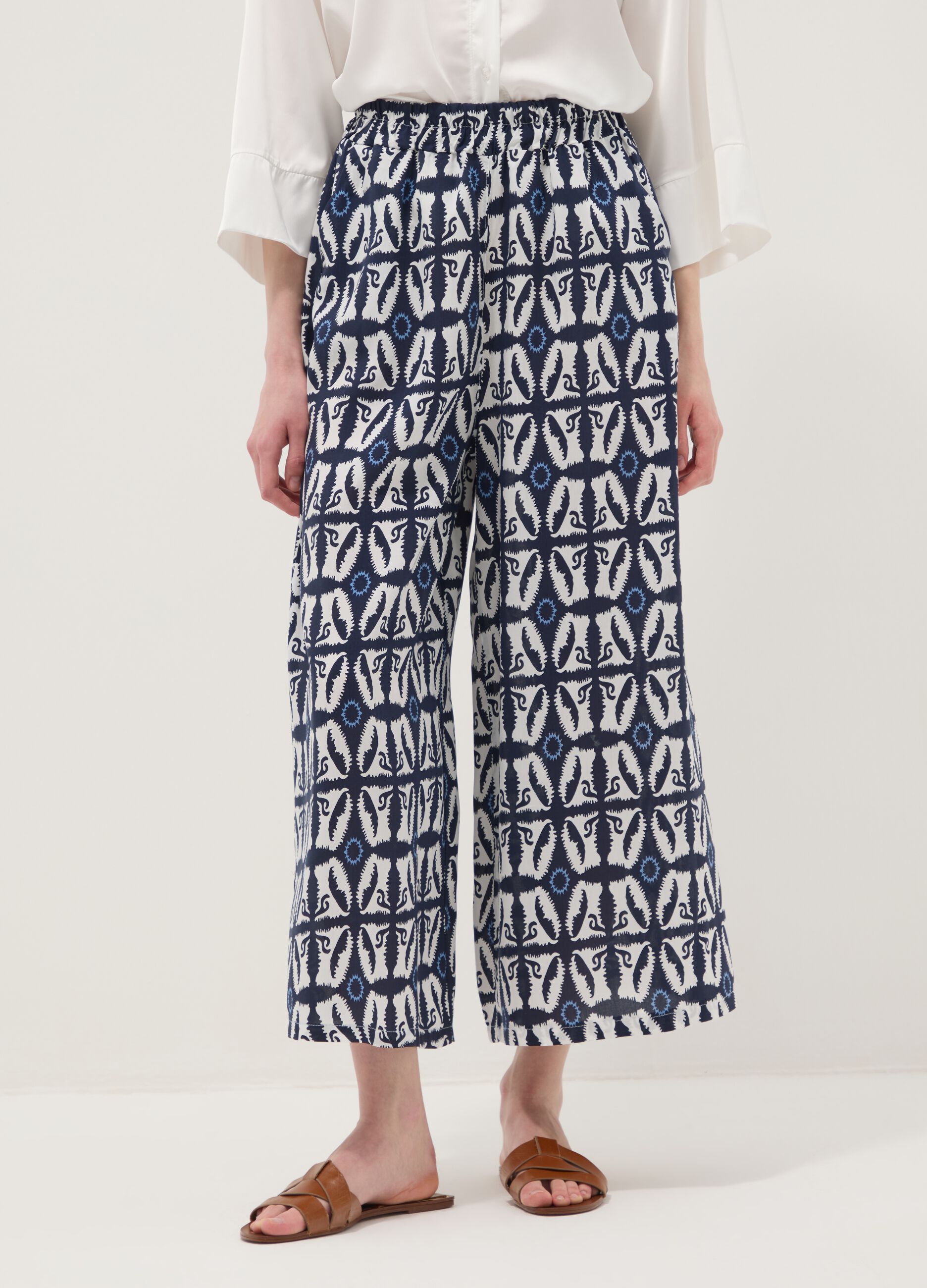 White pure-viscose printed trousers, regular fit