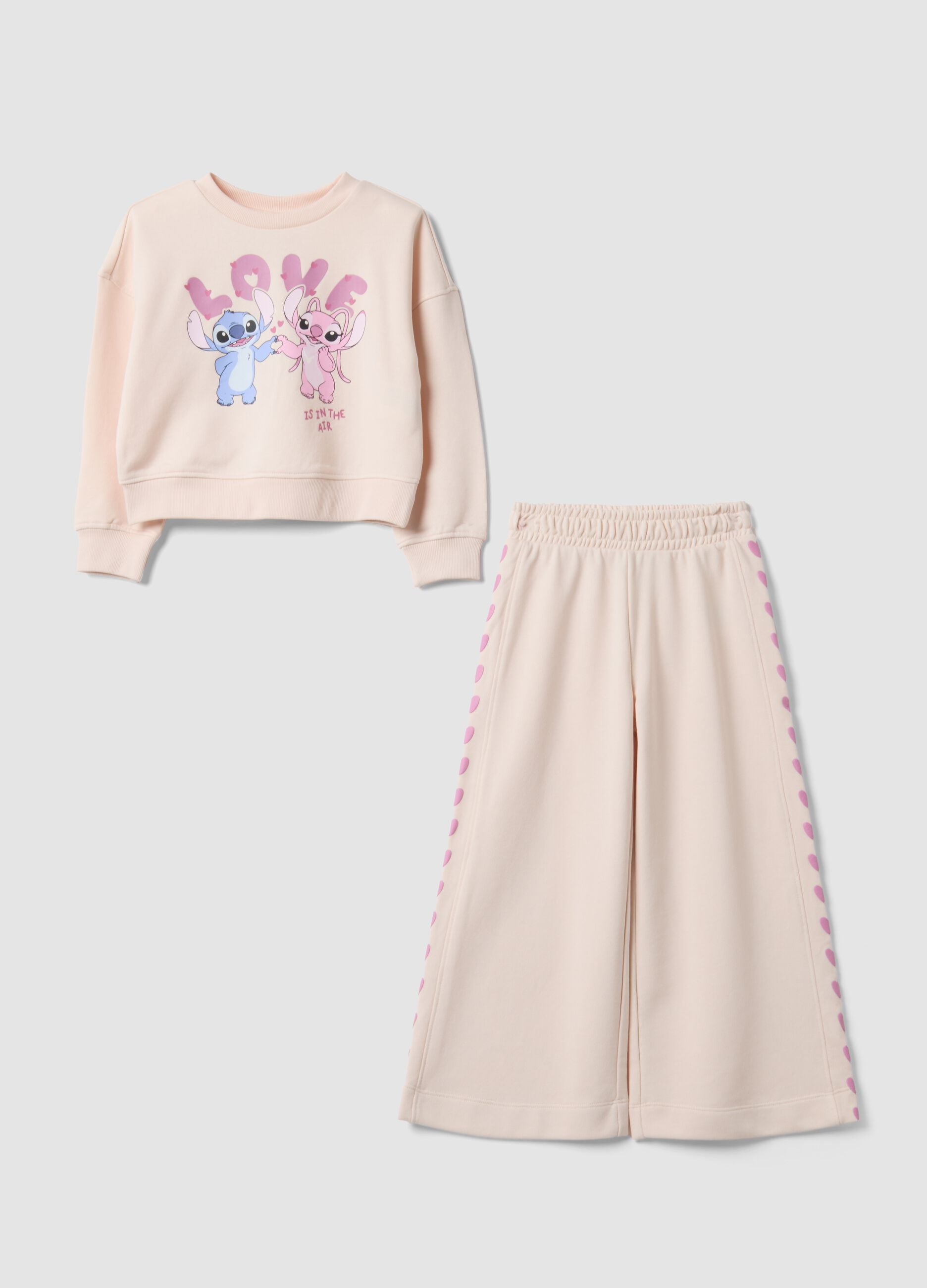 Pink cotton-blend jogger set with Lilo & Stitch prints for girls