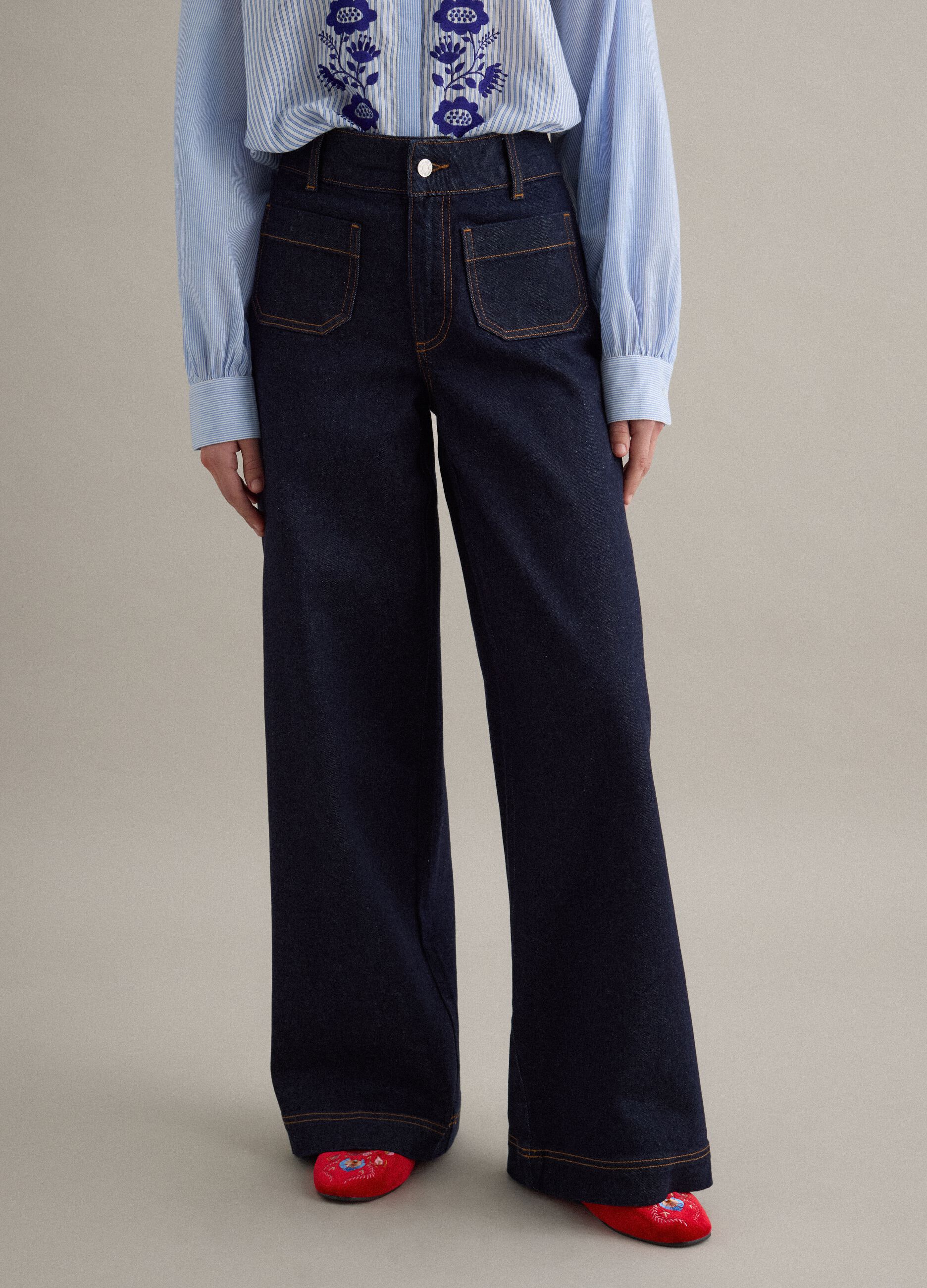 Wide-leg blue denim cotton jeans