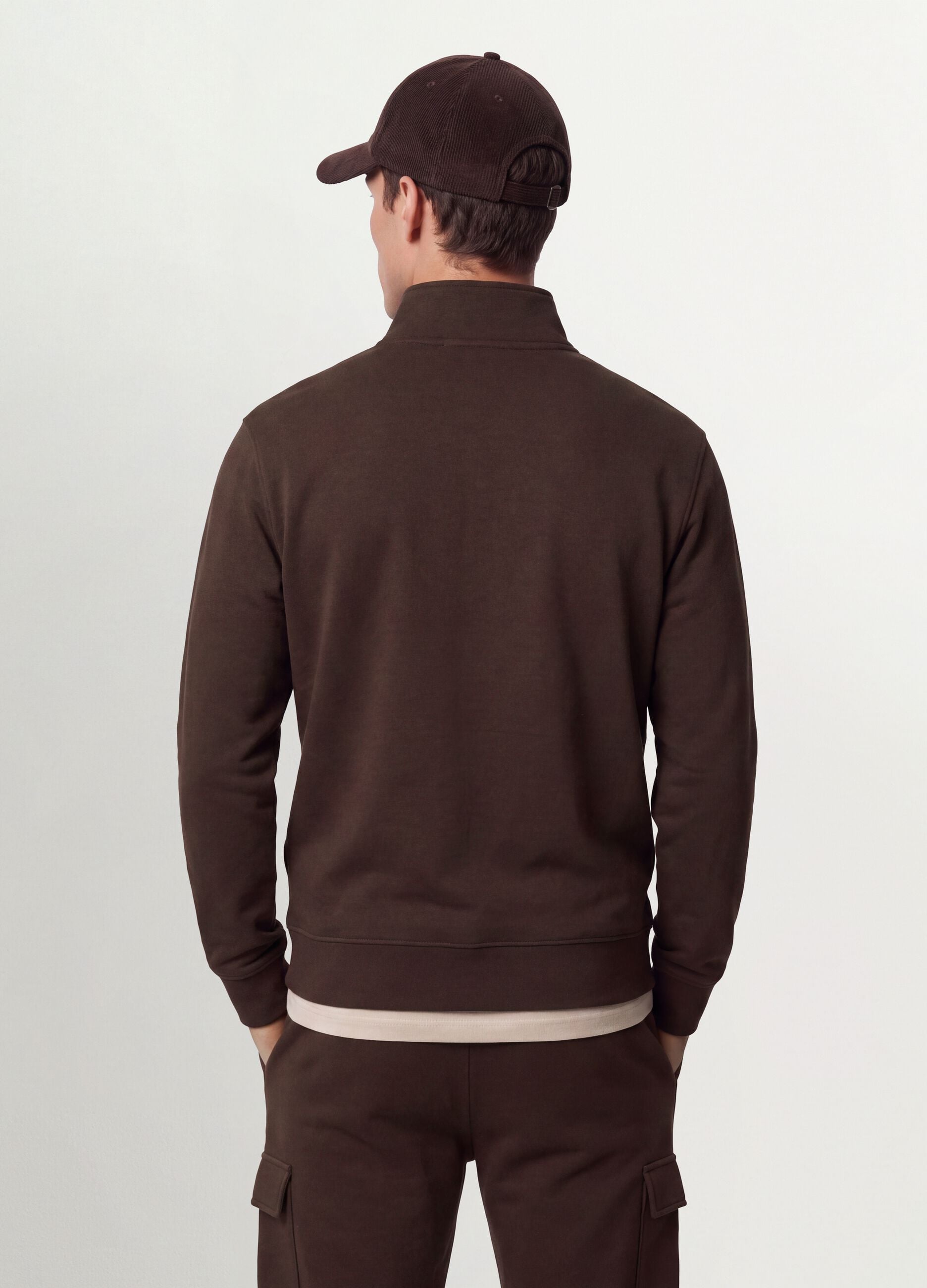 Brown cotton-blend sweatshirt with crew neck and zip, regular fit