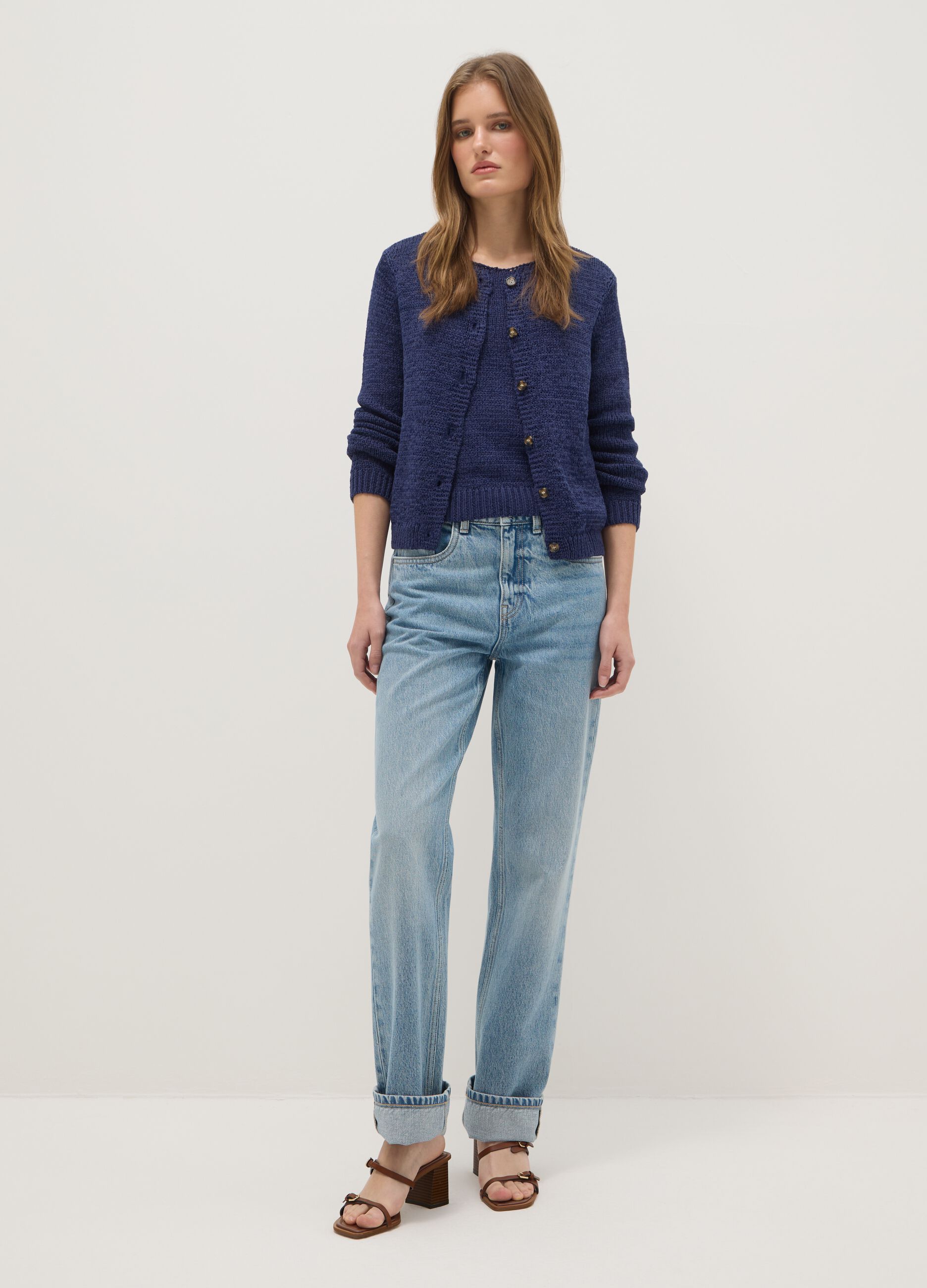 Blue cotton blend regular fit cardigan with buttons
