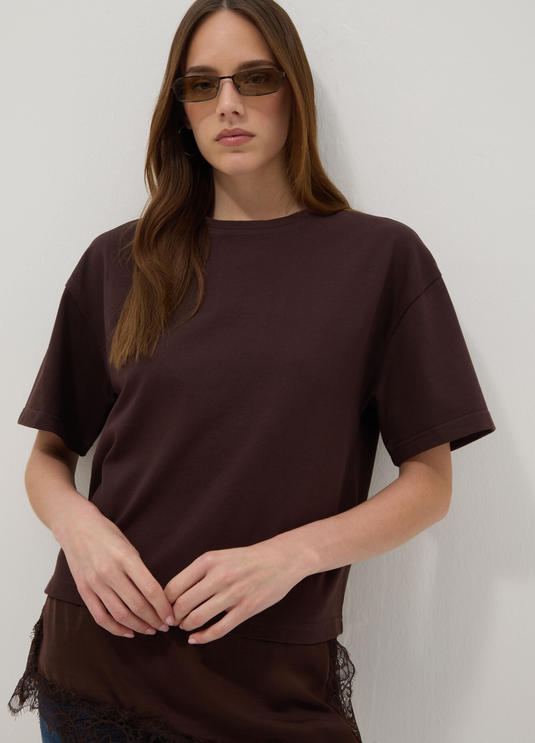 Brown pure cotton T-shirt with lace insert, relaxed fit