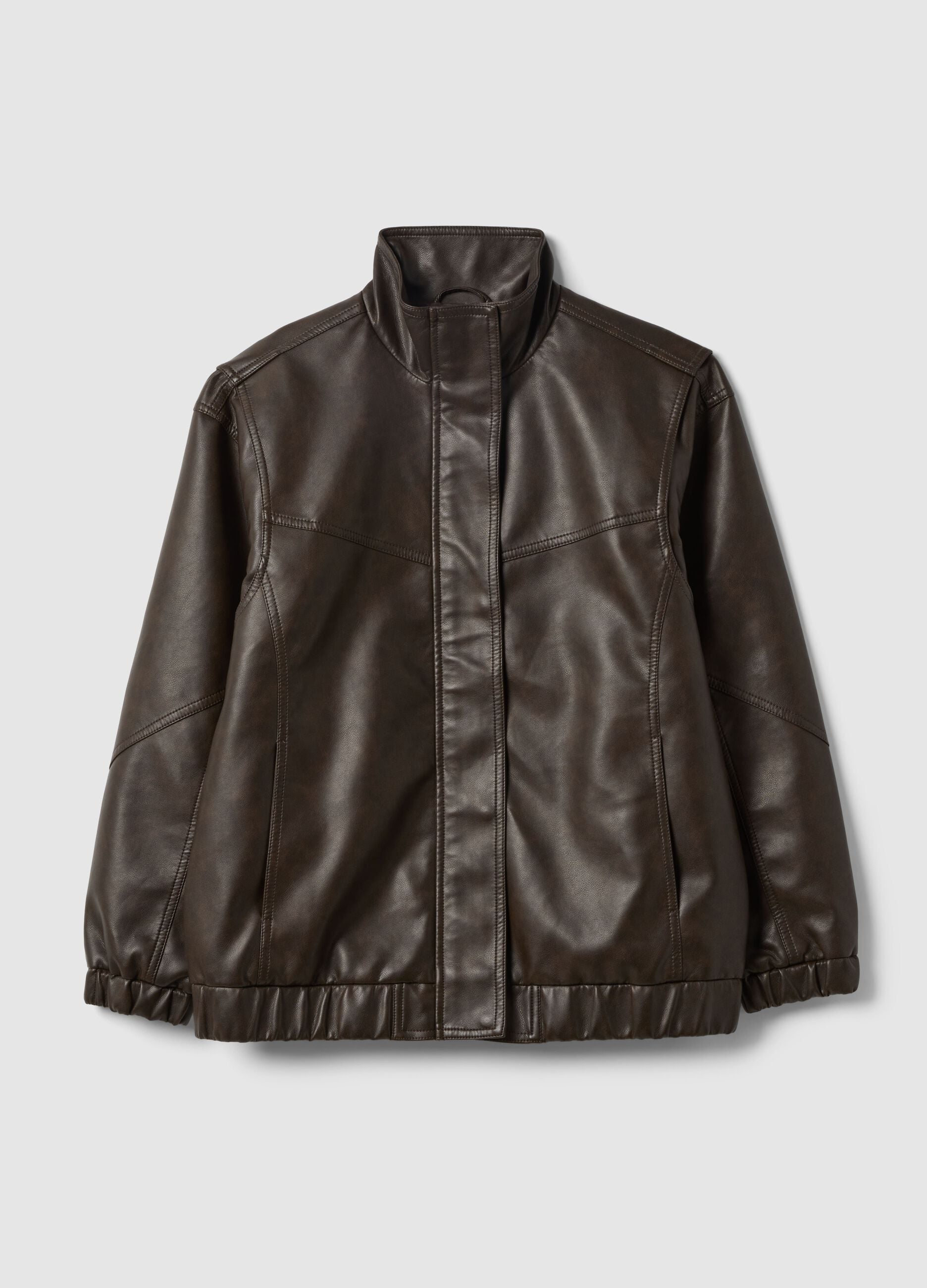 Brown biker jacket over fit with zip and buttons