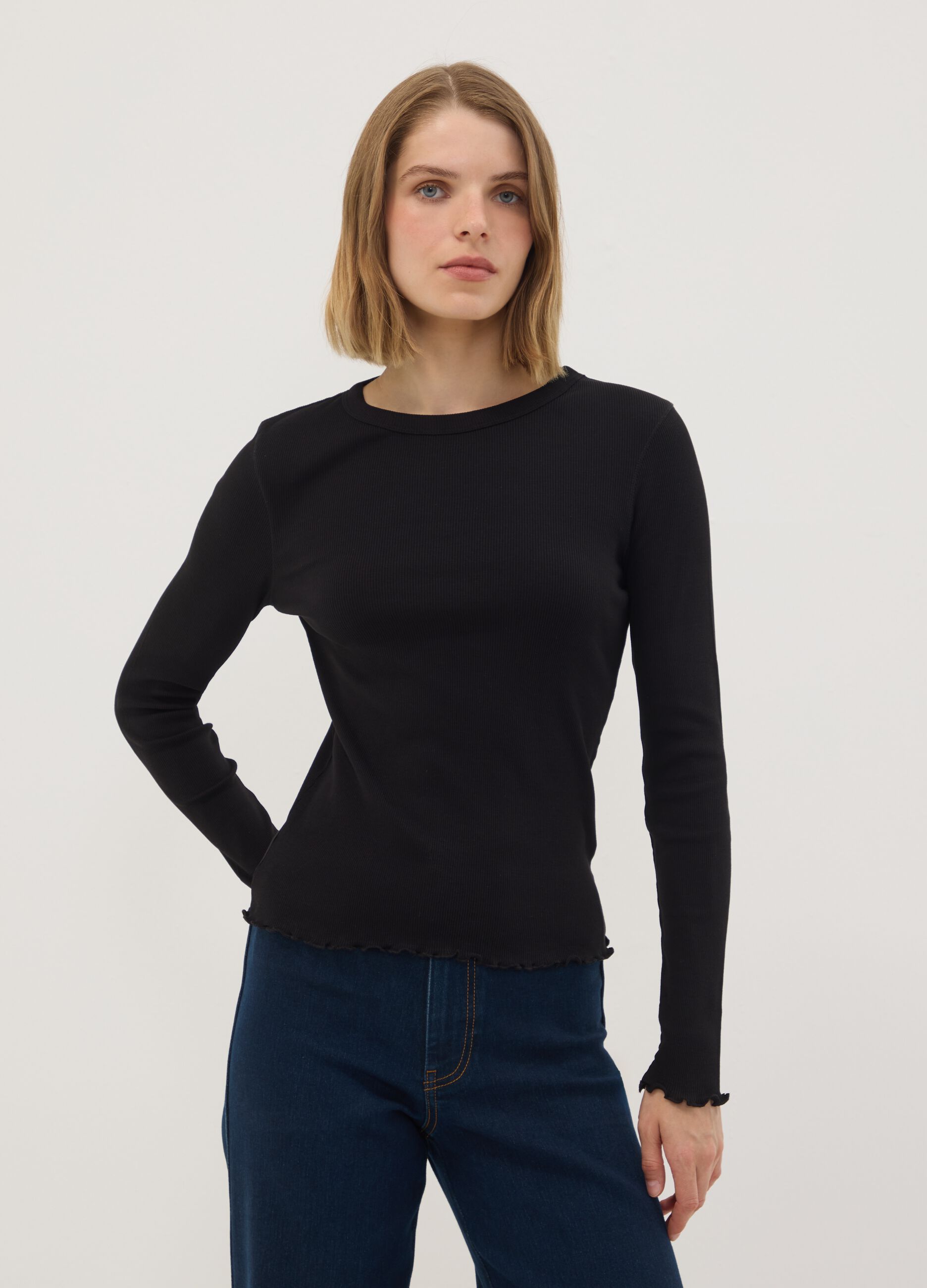 Black pure cotton long-sleeve crew-neck T-shirt, regular fit