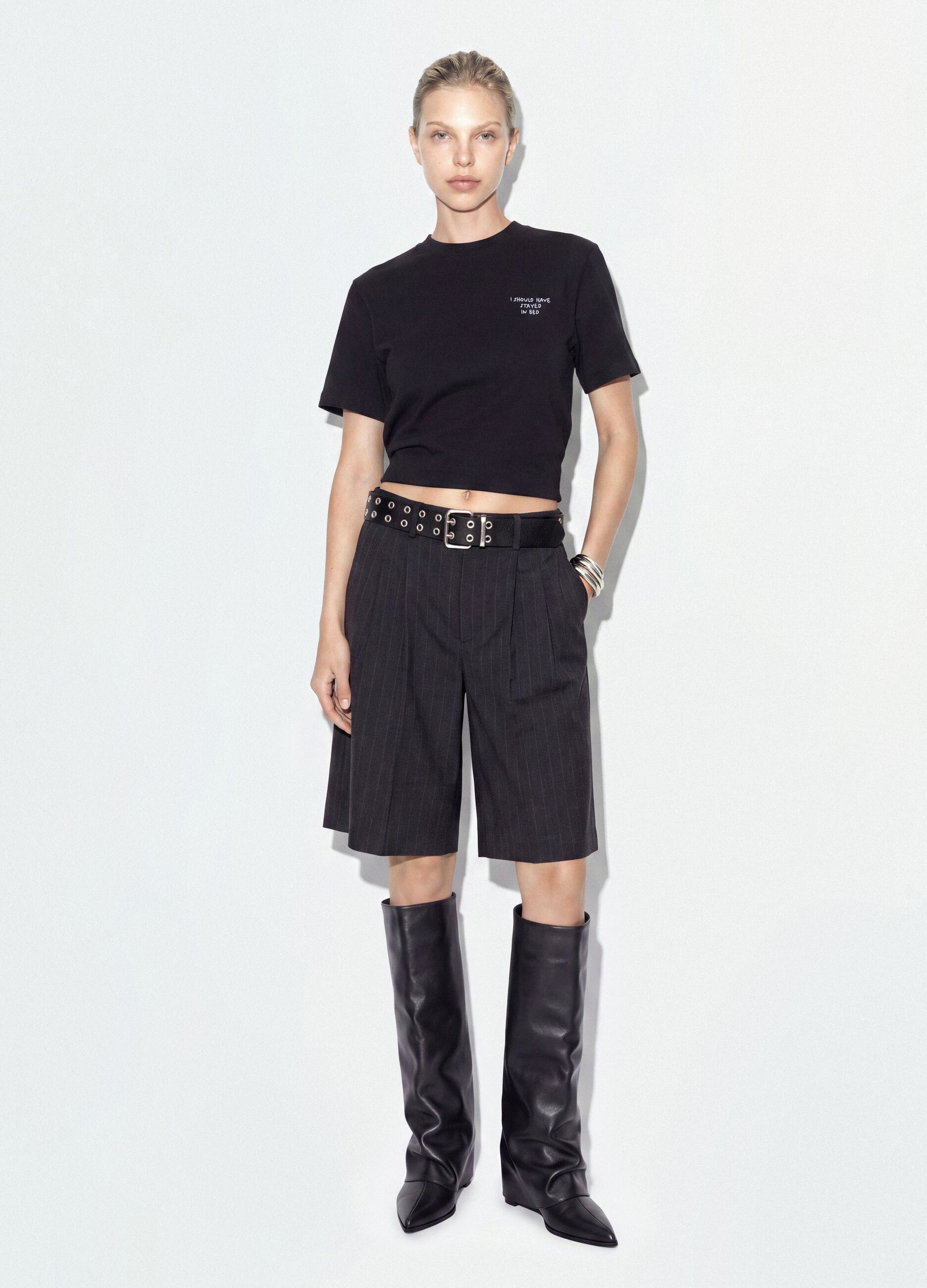 Black relaxed-fit pure cotton T-shirt with embroidered slogan