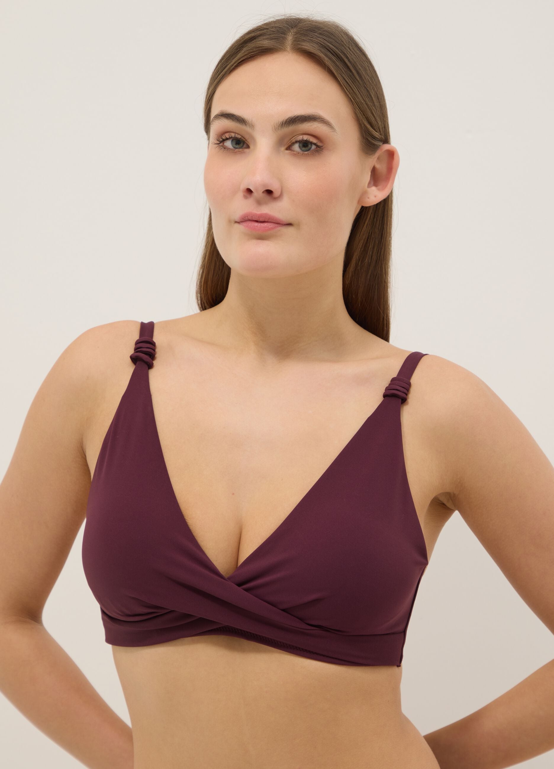 Purple triangle bikini top in stretch fabric with shaping effect