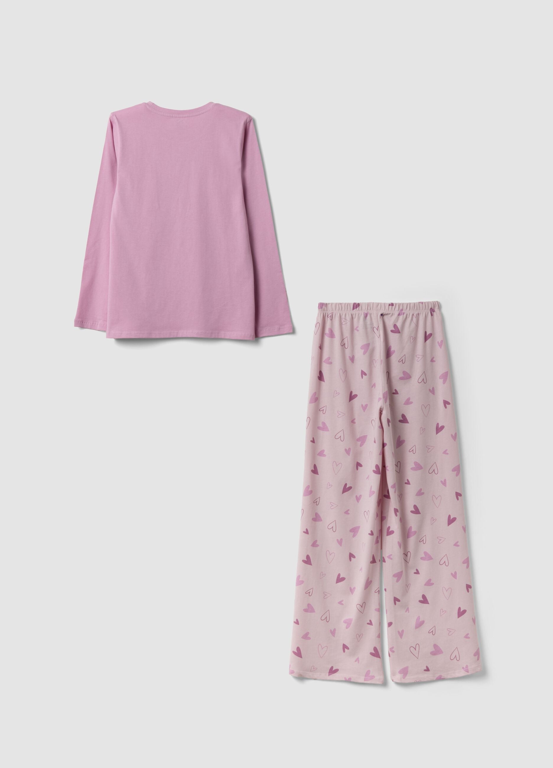 Pink long organic cotton jersey pyjamas with prints for girls
