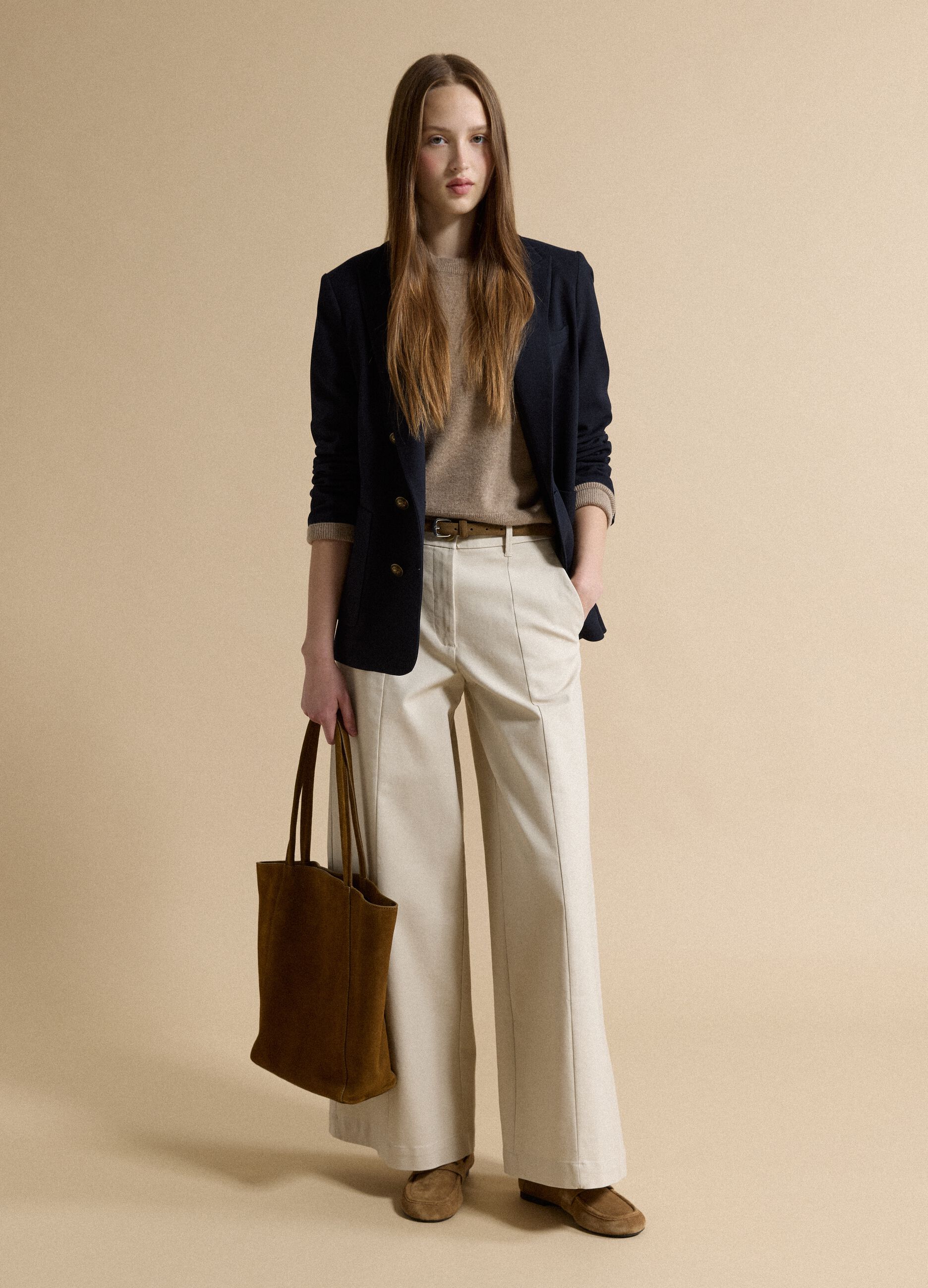 Beige flared stretch cotton trousers
