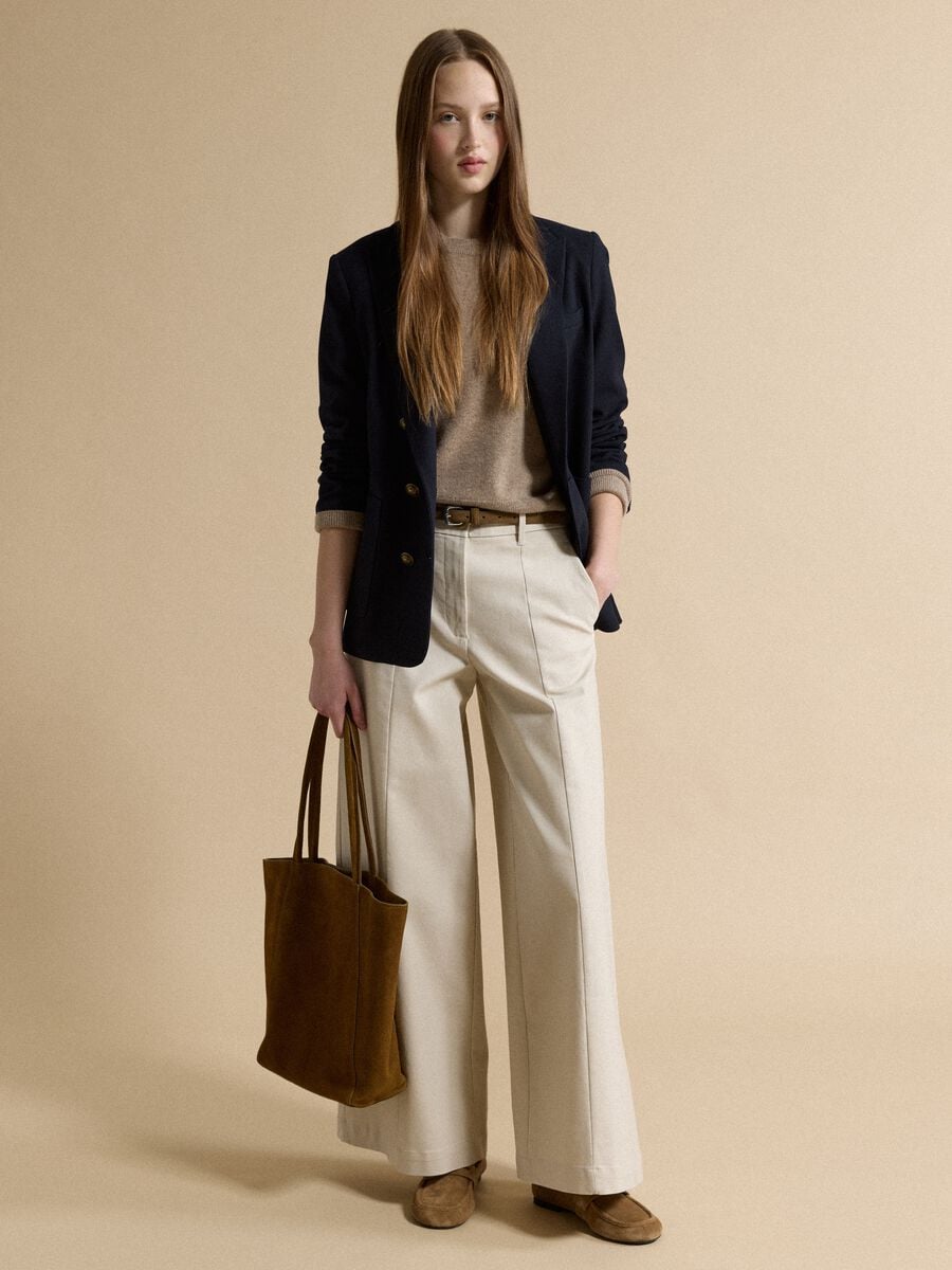 Beige flared stretch cotton trousers_0