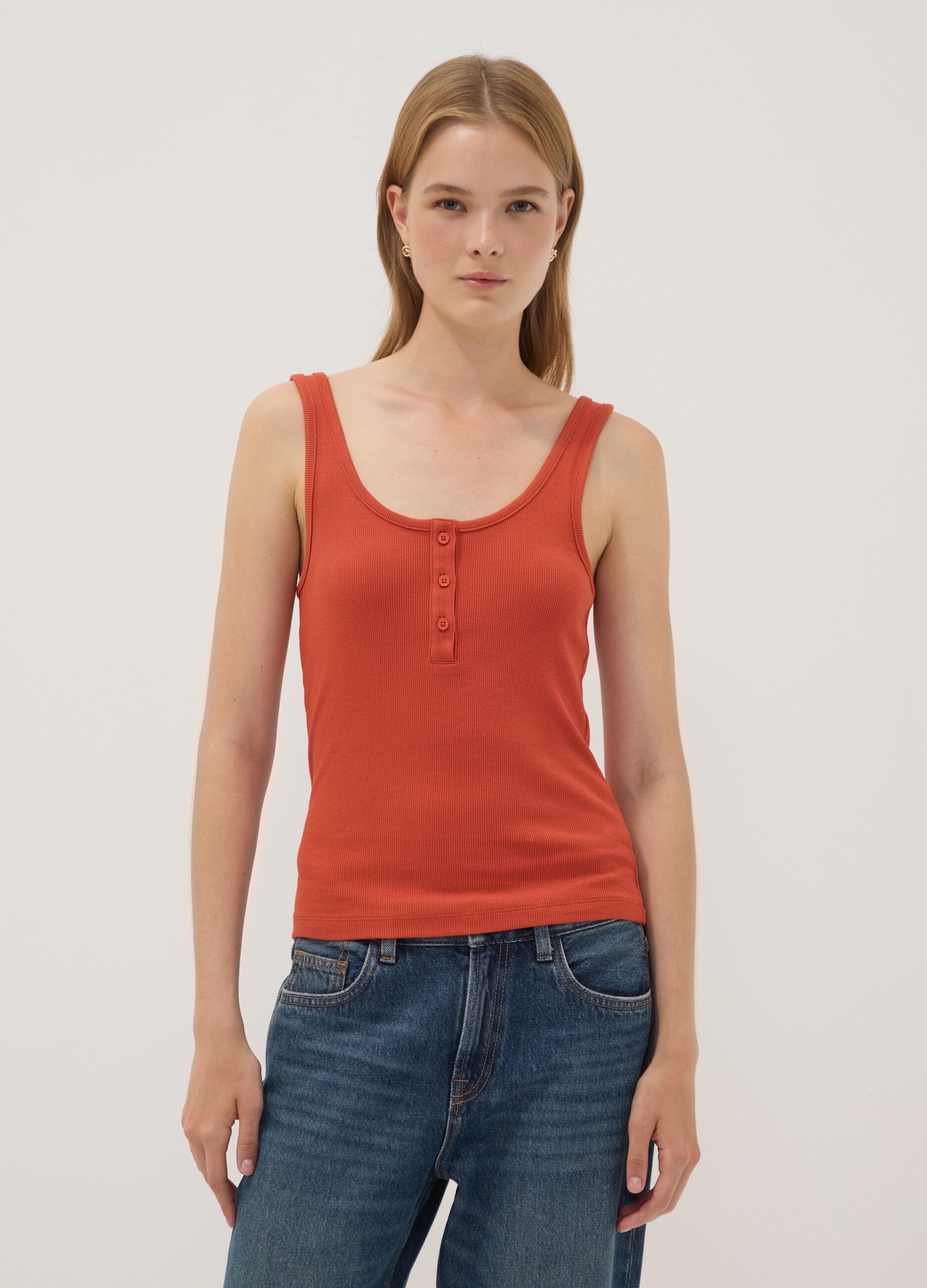 Red stretch cotton buttoned tank top, regular fit