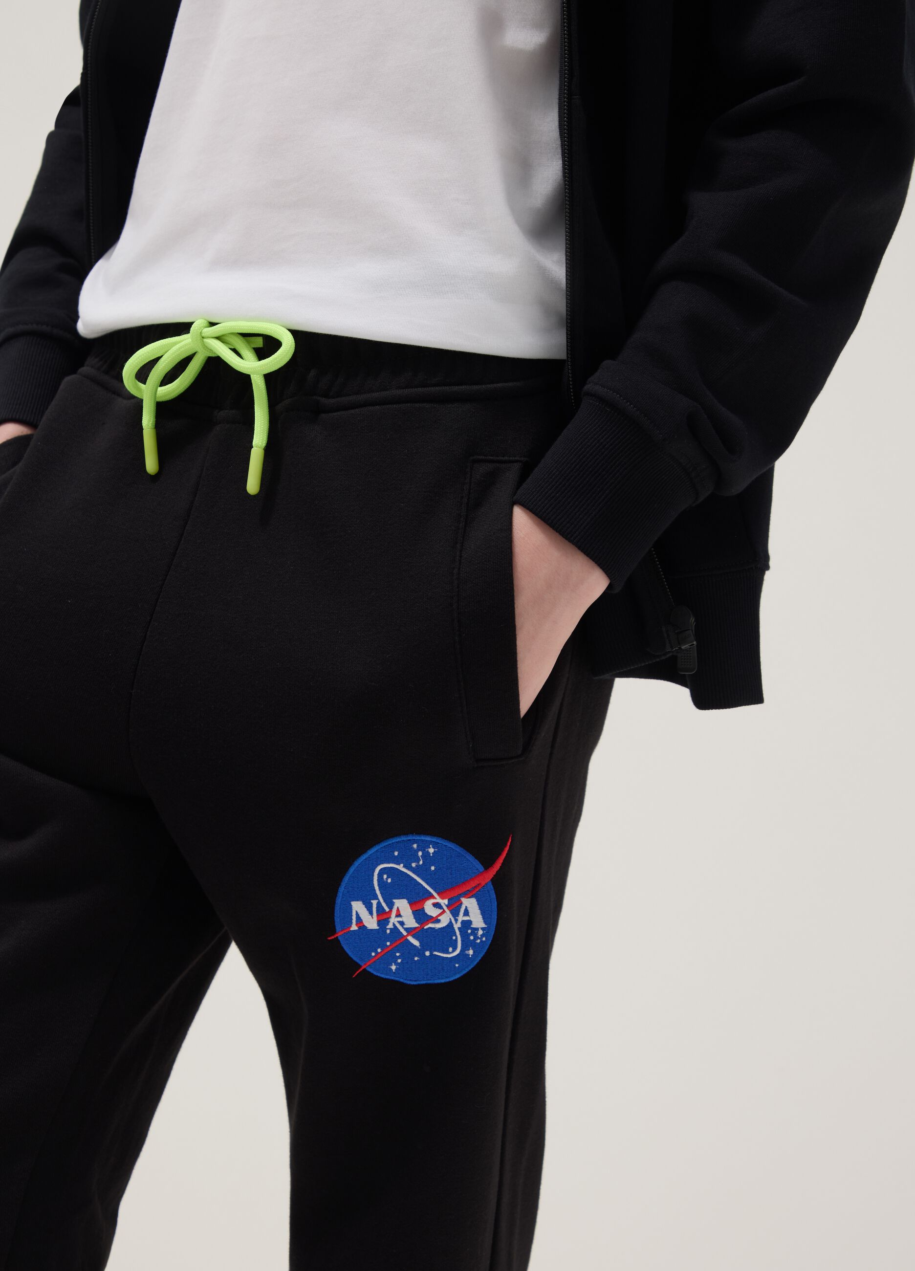 Boys' regular fit black cotton blend trousers with NASA patch