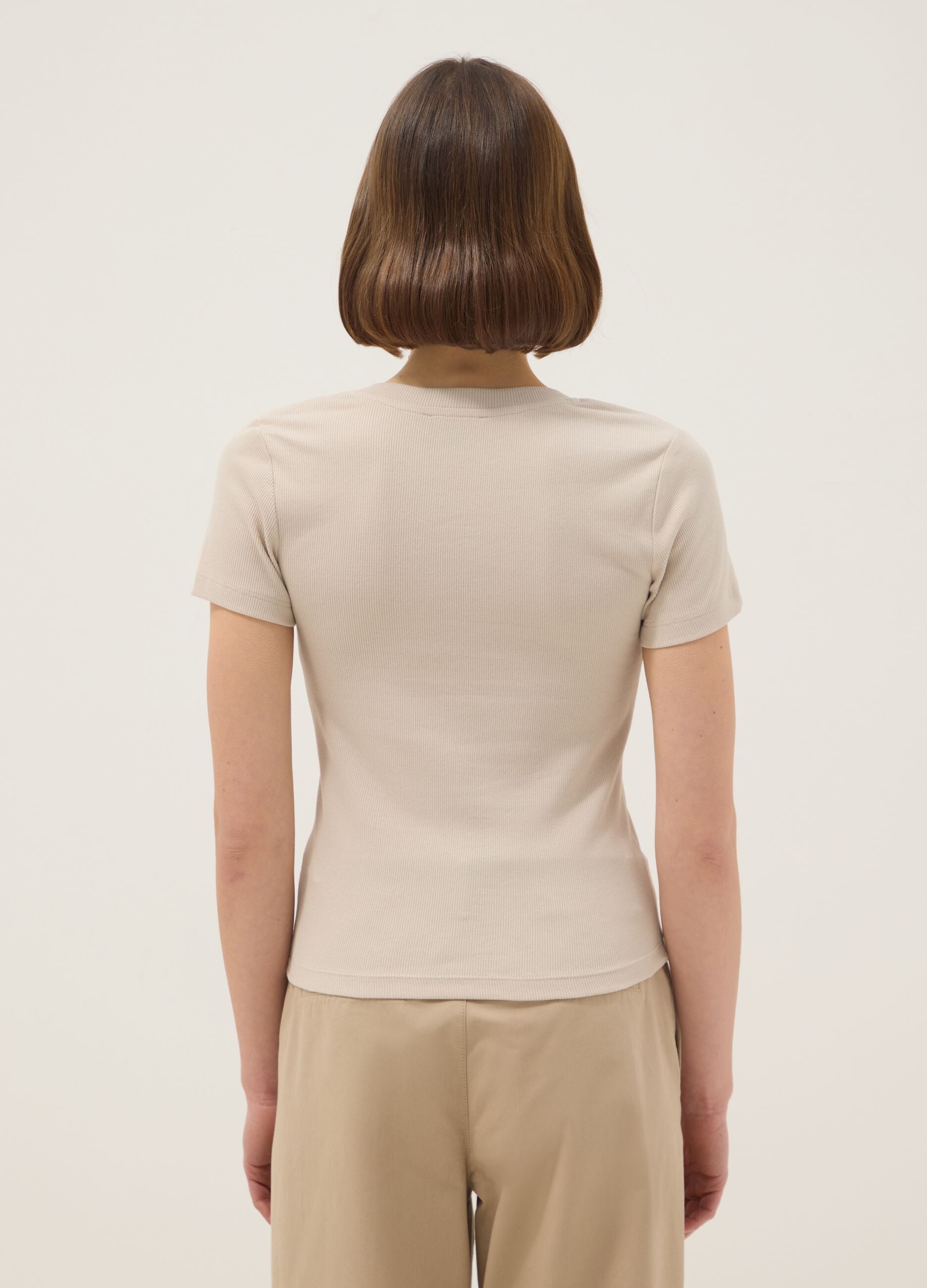 Beige Stretch Cotton Regular Fit T-shirt Deep V