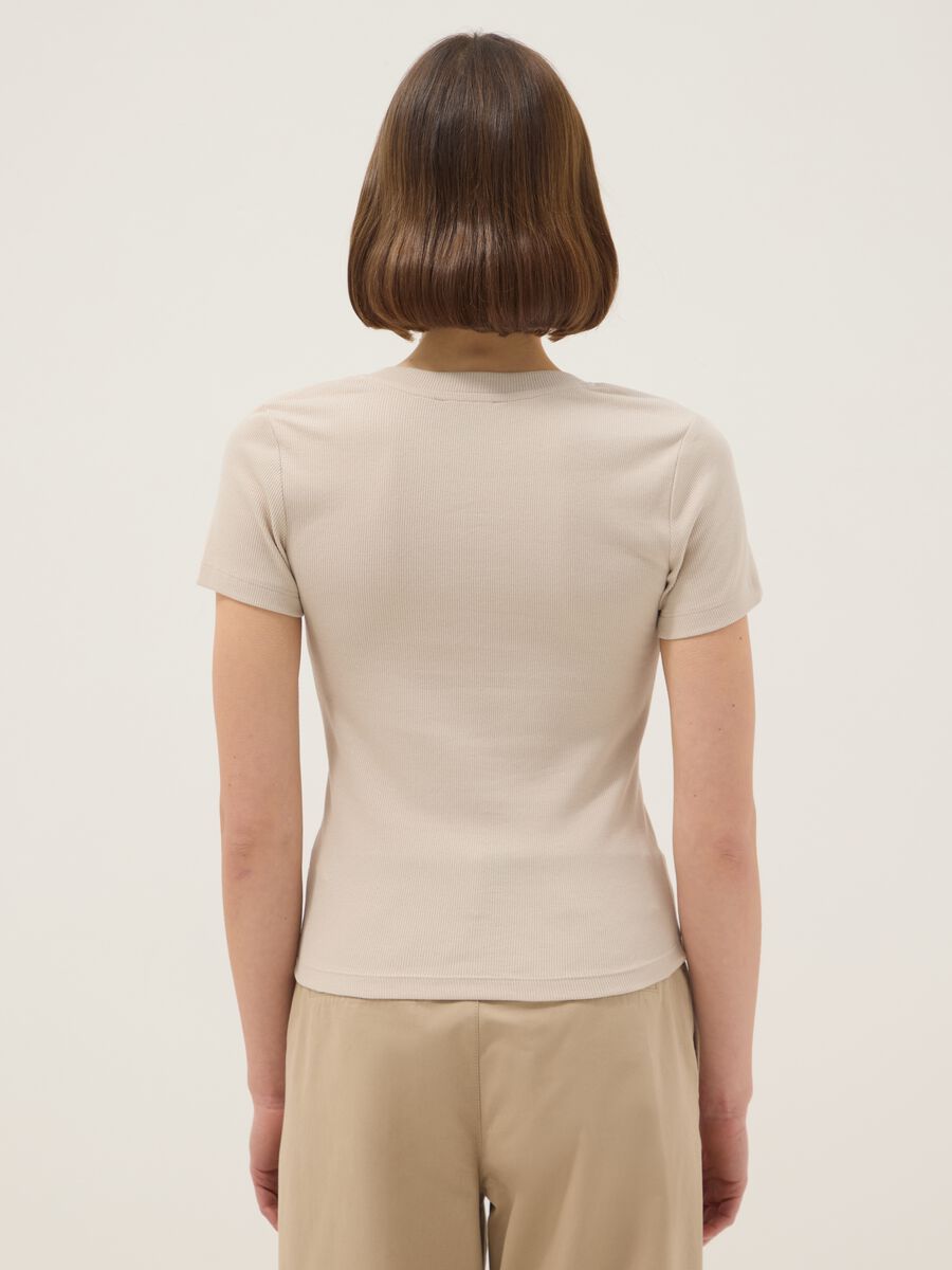 Beige Stretch Cotton Regular Fit T-shirt Deep V_2