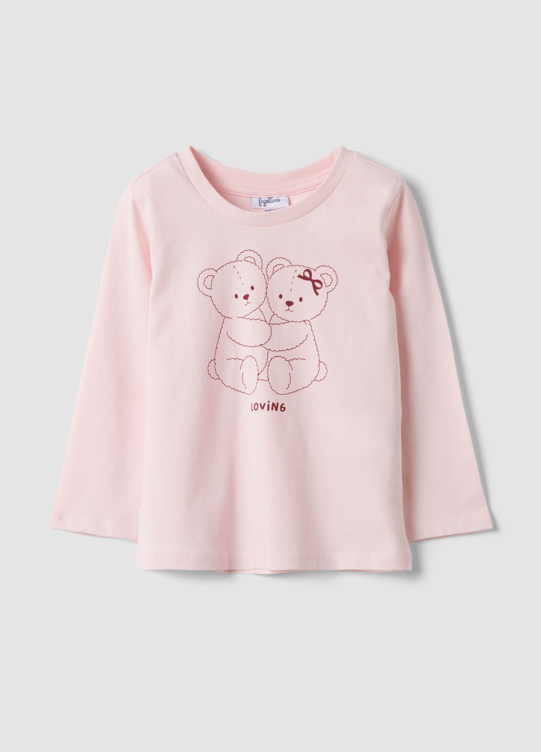 Pink organic cotton T-shirt with teddy bear print for baby girl