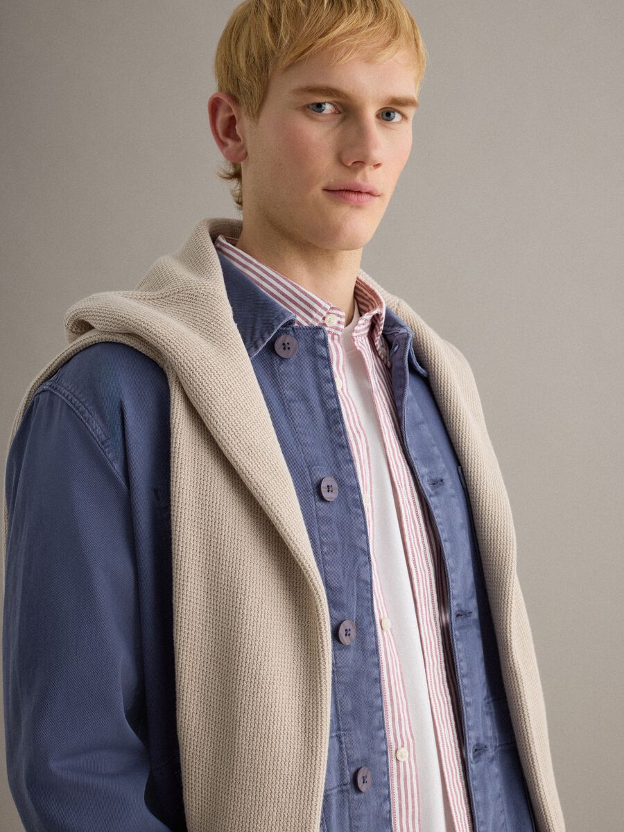 Regular fit blue stretch cotton jacket with collar and buttons_4