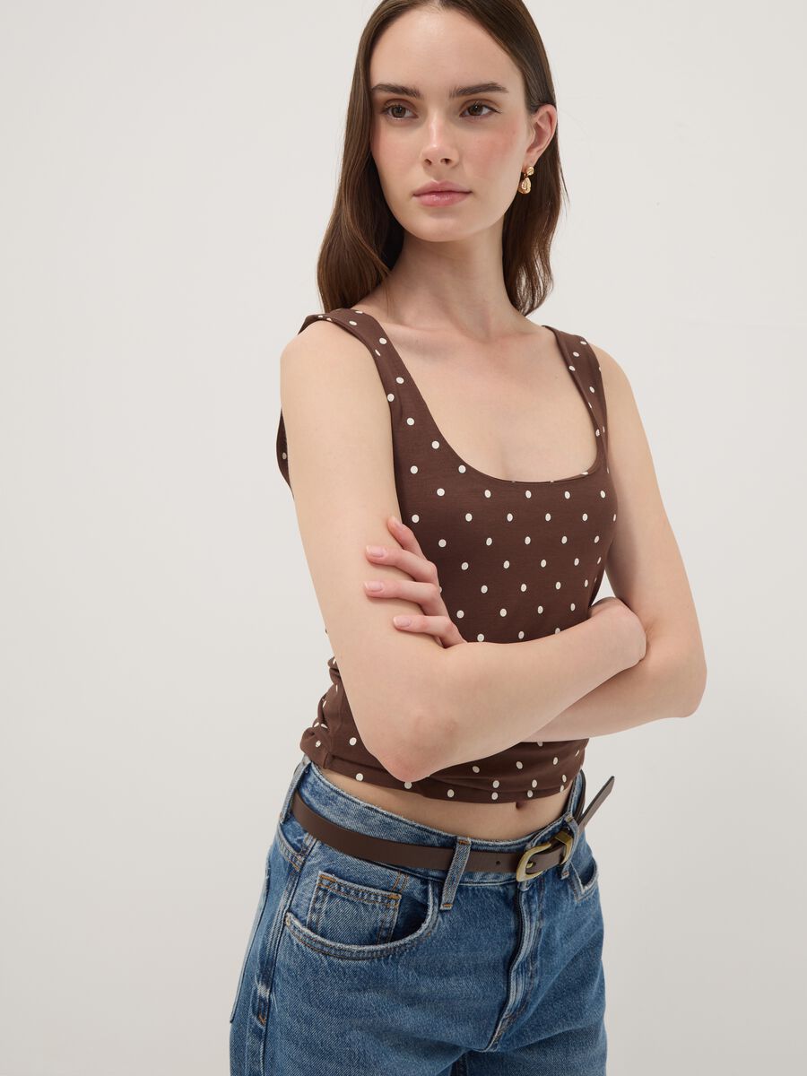 Brown fitted polka-dot stretch cotton top_0